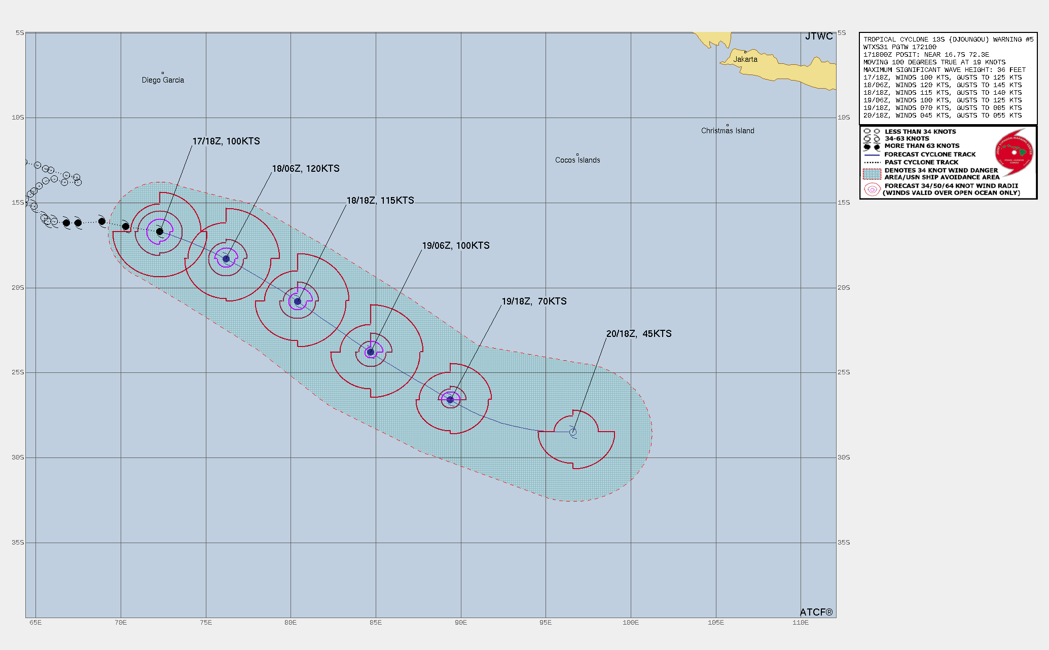 FORECAST REASONING.  SIGNIFICANT FORECAST CHANGES: THERE ARE NO SIGNIFICANT CHANGES TO THE FORECAST FROM THE PREVIOUS WARNING.  FORECAST DISCUSSION: TC 13S IS CURRENTLY TRACKING JUST A SHADE SOUTH OF DUE EAST, ALONG THE NER TO THE NORTH, WHICH EXTENDS ALL THE WAY TO AUSTRALIA. NO SIGNIFICANT CHANGE IN THE STEERING PATTERN IS EXPECTED, OTHER THAN A SLIGHT REORIENTATION OF THE RIDGE AXIS. THIS WILL PUSH TC 13S ONTO A MORE SOUTHEASTWARD TRACK AFTER TAU 12, WHICH WILL CONTINUE THROUGH THE REMAINDER OF THE FORECAST, AS THE SYSTEM TRACKS INTO THE MIDLATITUDES. THROUGH TAU 36, TC 13S IS FORECASTED TO CONTINUE TO RAPIDLY INTENSIFY, EXPECTED TO REACH A PEAK INTENSITY OF AT LEAST 120 KTS AT TAU 12. AFTER REACHING ITS PEAK, THE SYSTEM WILL BEGIN TO WEAKEN SLOWLY AT FIRST, BUT AFTER TAU 36 TC 13S WILL BEGIN TO RAPIDLY WEAKEN AS NORTHWESTERLY SHEAR INCREASES SHARPLY AND PULLS IN DRY AIR WHICH WILL ENTRAIN INTO THE CORE OF THE SYSTEM. TC 13S IS FORECASTED TO BEGIN SUBTROPICAL TRANSITION (STT) AT TAU 36 AND BY TAU 48, THE SYSTEM WILL BE DECAPITATED BY THE STRONG SHEAR AND SMOTHERED BY A DEEP LAYER OF DRY AIR ABOVE 700MB. STT IS FORECAST TO BE COMPLETE NO LATER THAN TAU 72, BUT POTENTIALLY AS EARLY AS TAU 48. FORECAST REASONING.  SIGNIFICANT FORECAST CHANGES: THERE ARE NO SIGNIFICANT CHANGES TO THE FORECAST FROM THE PREVIOUS WARNING.  FORECAST DISCUSSION: TC 13S IS CURRENTLY TRACKING JUST A SHADE SOUTH OF DUE EAST, ALONG THE NER TO THE NORTH, WHICH EXTENDS ALL THE WAY TO AUSTRALIA. NO SIGNIFICANT CHANGE IN THE STEERING PATTERN IS EXPECTED, OTHER THAN A SLIGHT REORIENTATION OF THE RIDGE AXIS. THIS WILL PUSH TC 13S ONTO A MORE SOUTHEASTWARD TRACK AFTER TAU 12, WHICH WILL CONTINUE THROUGH THE REMAINDER OF THE FORECAST, AS THE SYSTEM TRACKS INTO THE MIDLATITUDES. THROUGH TAU 36, TC 13S IS FORECASTED TO CONTINUE TO RAPIDLY INTENSIFY, EXPECTED TO REACH A PEAK INTENSITY OF AT LEAST 120 KTS AT TAU 12. AFTER REACHING ITS PEAK, THE SYSTEM WILL BEGIN TO WEAKEN SLOWLY AT FIRST, BUT AFTER TAU 36 TC 13S WILL BEGIN TO RAPIDLY WEAKEN AS NORTHWESTERLY SHEAR INCREASES SHARPLY AND PULLS IN DRY AIR WHICH WILL ENTRAIN INTO THE CORE OF THE SYSTEM. TC 13S IS FORECASTED TO BEGIN SUBTROPICAL TRANSITION (STT) AT TAU 36 AND BY TAU 48, THE SYSTEM WILL BE DECAPITATED BY THE STRONG SHEAR AND SMOTHERED BY A DEEP LAYER OF DRY AIR ABOVE 700MB. STT IS FORECAST TO BE COMPLETE NO LATER THAN TAU 72, BUT POTENTIALLY AS EARLY AS TAU 48.