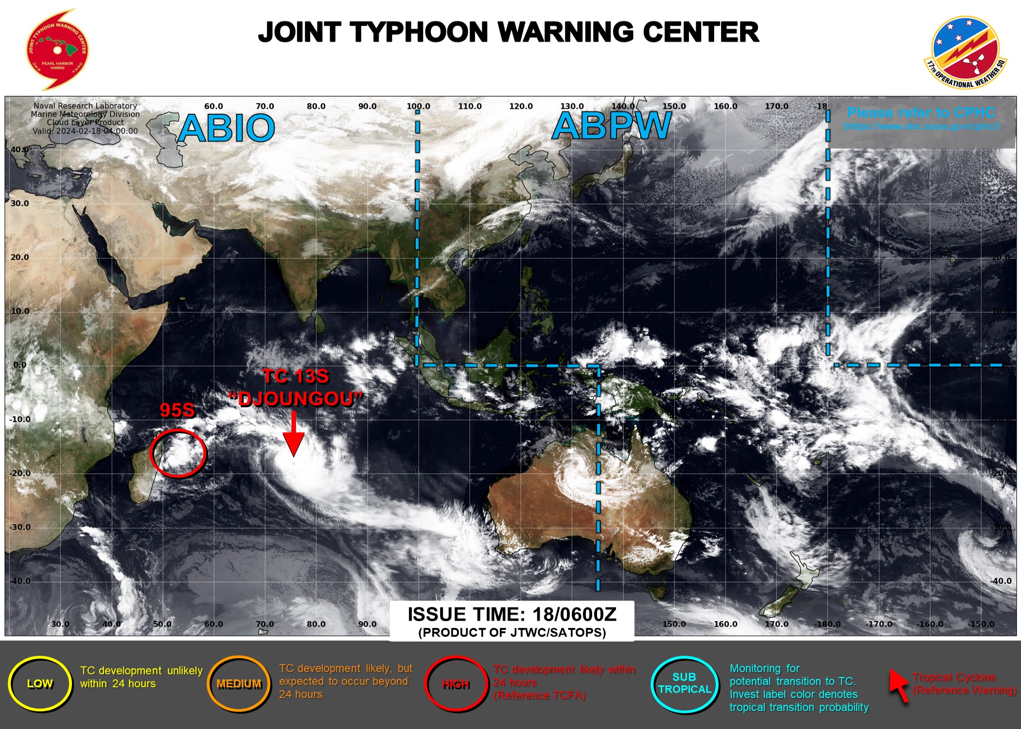 JTWC IS ISSUING 12HOURLY WARNINGS AND 3HOURLY SATELLITE BULLETINS ON TC 13S. 3HOURLY SATELLITE BULLETINS ARE ISSUED ON INVEST 95S, ON THE REMNANTS OF SUBTROPICAL 15P AND ON THE OVERLAND REMNANTS OF TC 14P.