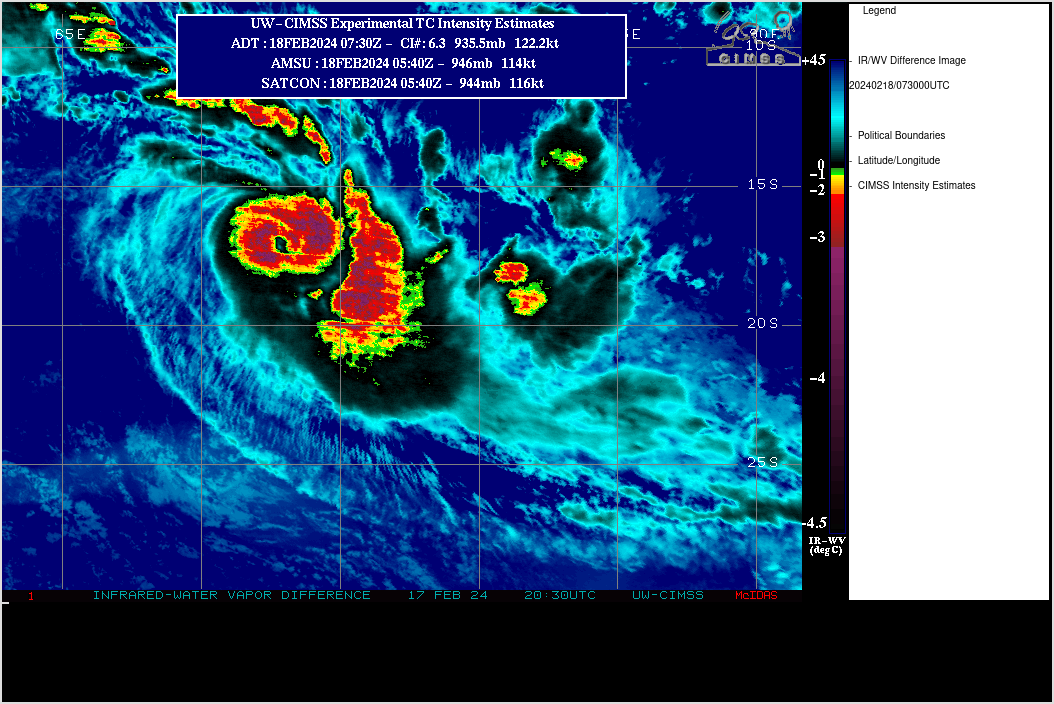 SATELLITE ANALYSIS, INITIAL POSITION AND INTENSITY DISCUSSION: ANIMATED MULTISPECTRAL SATELLITE IMAGERY (MSI) DEPICTS TROPICAL CYCLONE (TC) 13S (DJOUNGOU) EXHIBITING A TIGHTENING SYMMETRIC EYE OF 20NM DIAMETER AND SMOOTH CIRRUS CANOPY ALOFT (168NM DIAMETER). ROBUST SPIRAL BANDING PERSISTS THROUGHOUT THE EASTERN PERIPHERY OF THE SYSTEM WITH INTERMITTENT OVERSHOOTING CLOUD TOPS THROUGHOUT. A 180406Z MHS 89GHZ SATELLITE MICROWAVE IMAGE CAPTURED A SLIGHT OFFSET  OF THE LOW LEVEL CIRCULATION CENTER (LLCC) AND UPPER LEVEL EYE  FEATURE, SHOWING THE EYE FEATURE TO BE 30NM EAST OF THE LLCC AND  SUGGESTING AN EASTWARD TILTING VORTEX WITH HEIGHT. THE ENVIRONMENT IS  ASSESSED AS HIGHLY FAVORABLE HAVING SIGNIFICANT DIVERGENCE ALOFT,  WARM  (29-30C) SEAS SURFACE TEMPERATURES (SST) OFFSET BY MODERATE (15- 20KTS)  VERTICAL WIND SHEAR (VWS). THE INITIAL POSITION IS PLACED WITH HIGH  CONFIDENCE BASED ON THE SYMMETRIC EYE FEATURE OBSERVED IN A GOES-IO  VISIBLE SATELLITE IMAGE. THE INITIAL INTENSITY OF 120 KTS IS ASSESSED  WITH MEDIUM CONFIDENCE BASED ON THE SUBJECTIVE AND OBJECTIVE  INTENSITY  ESTIMATES LISTED BELOW.