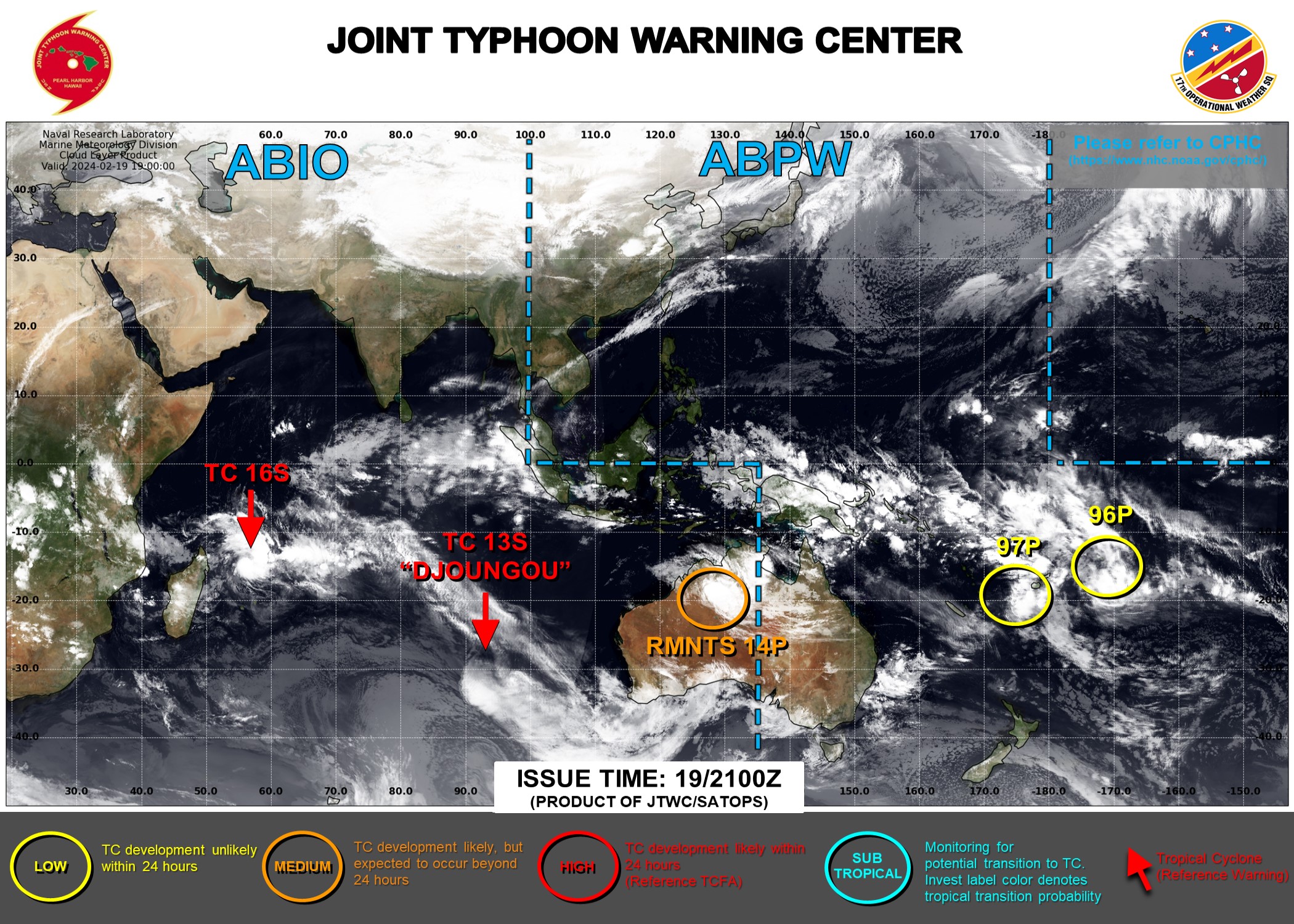 JTWC IS ISSUING 12HOURLY WARNINGS AND 3HOURLY SATELLITE BULLETINS ON TC 13S AND ON TC 16S. 3HOURLY SATELLITE BULLETINS ARE ISSUED ON THE OVERLAND REMNANTS OF TC 14P.