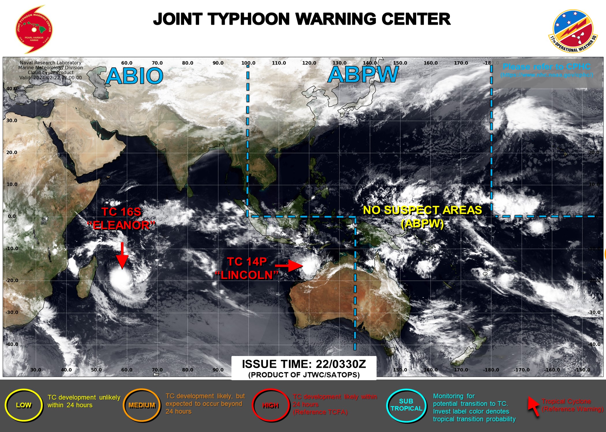 JTWC IS ISSUING 6HOURLY WARNINGS AND 3HOURLY SATELLITE BULLETINS ON TC 14P(LINCOLN). JTWC IS ISSUING 12HOURLY WARNINGS AND 3HOURLY SATELLITE BULLETINS ON TC 16S(ELEANOR).