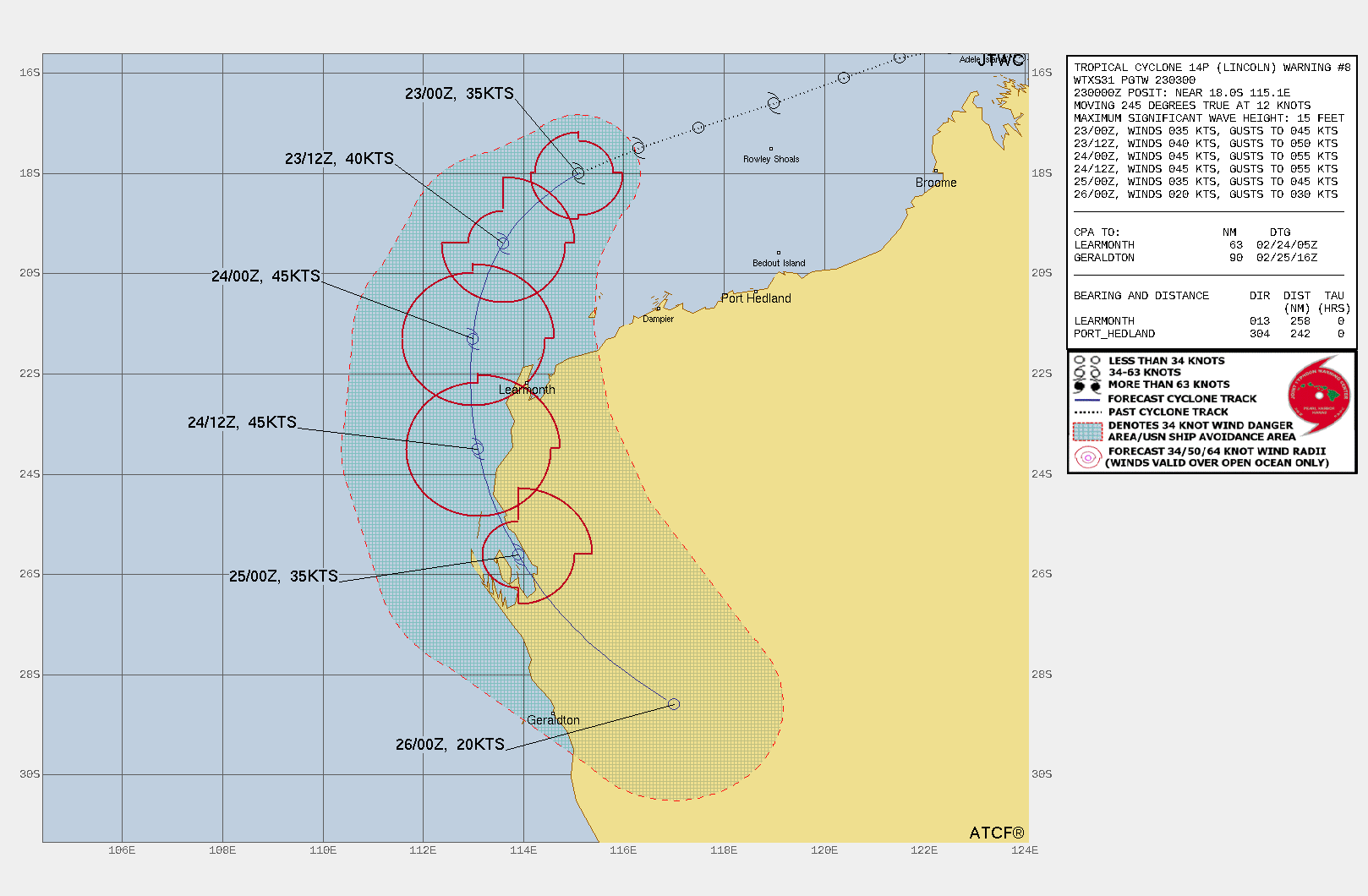 FORECAST REASONING.  SIGNIFICANT FORECAST CHANGES: THERE ARE NO SIGNIFICANT CHANGES TO THE FORECAST FROM THE PREVIOUS WARNING.  FORECAST DISCUSSION: TC 14P HAS CONTINUED ON ITS WEST-SOUTHWESTWARD TRACK AROUND THE SUBTROPICAL RIDGE (STR) TO THE SOUTHEAST. TC 14P IS FORECASTED TO BEGIN TO TURN SOUTHWARD AT TAU 12 AS THE STR CHANGES ORIENTATION TO A MORE NORTH-SOUTH AXIS. AT AROUND TAU 24-36 THE SYSTEM WILL TRACK WEST OF LEARMONTH AS IT ROUNDS THE SOUTHWESTERN PERIPHERY OF THE STR. AT TAU 48, TC 14P IS FORECASTED TO START A SOUTHEASTWARD TURN, MAKE LANDFALL APPROXIMATELY 250 NM SOUTH OF LEARMONTH, AND DISSIPATE BY TAU 72 OVER SOUTHWESTERN AUSTRALIA. TC 14P IS CURRENTLY EXPERIENCING VERY LOW DEEP-LAYER VWS AND WARM SST, WHICH HAS HELPED ORGANIZE THE SYSTEM OVER THE PAST 6-12 HOURS. PEAK INTENSITY IS FORECASTED TO OCCUR AROUND TAU 24 WITH AN INTENSITY OF 45 KTS. WEAK DIVERGENCE ALOFT AND MODERATE MID-LEVEL SHEAR HAVE REMAINED THE MAIN FACTOR IN HINDERING FURTHER INTENSIFICATION. BY TAU 48, VWS INCREASING TO NEAR 30 KTS, COOLING SST, AND LOWERING OF RELATIVE HUMIDITY DUE TO LAND INTERACTION WILL BEGIN TO RAPIDLY WEAKEN THE SYSTEM.