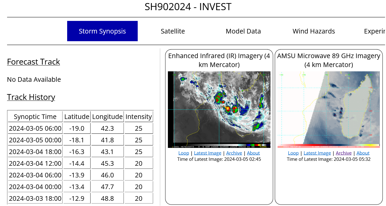 THE AREA OF CONVECTION (INVEST 90S) PREVIOUSLY LOCATED NEAR  12.2S 49.5E IS NOW LOCATED NEAR 15.3S 43.1E, APPROXIMATELY 156 NM  EAST-SOUTHEAST OF NOCALA, MOZAMBIQUE. ANIMATED ENHANCED INFRARED  SATELLITE IMAGERY (EIR) AND A 041508Z SSMIS 91GHZ MICROWAVE IMAGE DEPICT  A MORE ORGANIZED LOW LEVEL CIRCULATION (LLC) WITH SHALLOW RAIN BANDS TO  THE SOUTHERN PERIPHERY OF THE CIRCULATION. ENVIRONMENTAL ANALYSIS  REVEALS A MARGINALLY FAVORABLE ENVIRONMENT FOR FURTHER DEVELOPMENT WITH  LOW TO MODERATE (15-20KTS) VWS, GOOD POLEWARD OUTFLOW, AND WARM (29-30C)  SSTS. GLOBAL DETERMINISTIC MODELS ARE IN GOOD AGREEMENT THAT 90S WILL  CONTINUE TO CONSOLIDATE AS IT TRACKS TO THE SOUTH ALONG THE COASTLINE.   MAXIMUM SUSTAINED SURFACE WINDS ARE ESTIMATED AT 20 TO 25 KNOTS. MINIMUM  SEA LEVEL PRESSURE IS ESTIMATED TO BE NEAR 1006 MB. THE POTENTIAL FOR  THE DEVELOPMENT OF A SIGNIFICANT TROPICAL CYCLONE WITHIN THE NEXT 24  HOURS REMAINS LOW.