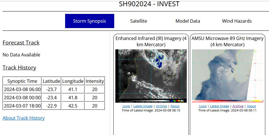 THE AREA OF CONVECTION (INVEST 90S) PREVIOUSLY LOCATED NEAR  22.8S 41.4E IS NOW LOCATED NEAR 23.0S 42.0E, APPROXIMATELY 103 NM  SOUTHEAST OF EUROPA ISLAND. ANIMATED ENHANCED INFRARED SATELLITE  IMAGERY (EIR) AND A 071605Z SSMIS 91GHZ MICROWAVE IMAGE DEPICT A  PARTIALLY EXPOSED LOW-LEVEL CIRCULATION CENTER (LLCC) WITH FLARING  CONVECTION DISPLACED TO THE NORTHEAST OF THE CIRCULATION.  ENVIRONMENTAL ANALYSIS REVEALS A MARGINALLY FAVORABLE ENVIRONMENT FOR  FURTHER DEVELOPMENT WITH LOW (10-15 KTS) VWS, GOOD UPPER-LEVEL  OUTFLOW EQUATORWARD, AND WARM (28-30C) SEA SURFACE TEMPERATURES  (SST). HOWEVER, A DEEP-LAYER DRY AIR MASS WRAPPING INTO 90S FROM THE  WEST IS THE PRIMARY LIMITING FACTOR IN INTENSIFICATION. GLOBAL  DETERMINISTIC MODELS ARE IN GOOD AGREEMENT THAT 90S WILL CONTINUE TO  WEAKEN IN THE MOZAMBIQUE CHANNEL AS IT APPROACHES THE EAST COAST OF  AFRICA OVER THE NEXT 24 HOURS. MAXIMUM SUSTAINED SURFACE WINDS ARE  ESTIMATED AT 18 TO 22 KNOTS. MINIMUM SEA LEVEL PRESSURE IS ESTIMATED  TO BE NEAR 1007 MB. THE POTENTIAL FOR THE DEVELOPMENT OF A  SIGNIFICANT TROPICAL CYCLONE WITHIN THE NEXT 24 HOURS REMAINS LOW.