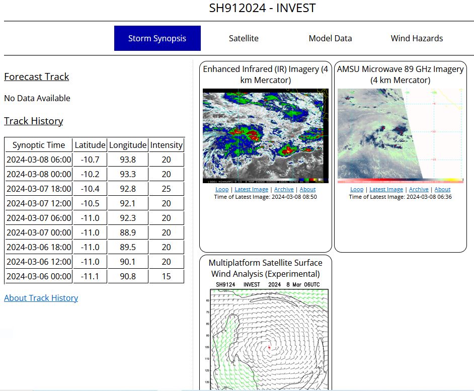 AN AREA OF CONVECTION (INVEST 91S) HAS PERSISTED NEAR 10.5S  93.2E, APPROXIMATELY 238 NM WEST-NORTHWEST OF COCOS ISLAND. ANIMATED  MULTISPECTRAL SATELLITE IMAGERY(MSI) AND A 072353Z SSMIS 91GHZ  MICROWAVE IMAGE DEPICT A BROAD LOW LEVEL CIRCULATION (LLC) WITH  CENTRALIZED FLARING CONVECTION EXTENDING OUTWARDS TO THE NORTHWESTERN  PERIPHERY. ENVIRONMENTAL ANALYSIS REVEALS A MARGINALLY UNFAVORABLE  ENVIRONMENT FOR FURTHER DEVELOPMENT WITH MODERATE TO HIGH (20-25KTS)  VWS, WEAK TO MODERATE UPPER-LEVEL OUTFLOW, OFFSET BY WARM (29-30C)  SEA SURFACE TEMPERATURES (SST). GLOBAL DETERMINISTIC MODELS ARE IN  GOOD AGREEMENT THAT 91S WILL CONTINUE ON AN EASTWARD TRACK INTO A  MORE FAVORABLE ENVIRONMENT WHILE CONSOLIDATING AND STRENGTHENING OVER  THE NEXT 48 HOURS. MAXIMUM SUSTAINED SURFACE WINDS ARE ESTIMATED AT  18 TO 22 KNOTS. MINIMUM SEA LEVEL PRESSURE IS ESTIMATED TO BE NEAR  1005 MB. THE POTENTIAL FOR THE DEVELOPMENT OF A SIGNIFICANT TROPICAL  CYCLONE WITHIN THE NEXT 24 HOURS IS LOW.