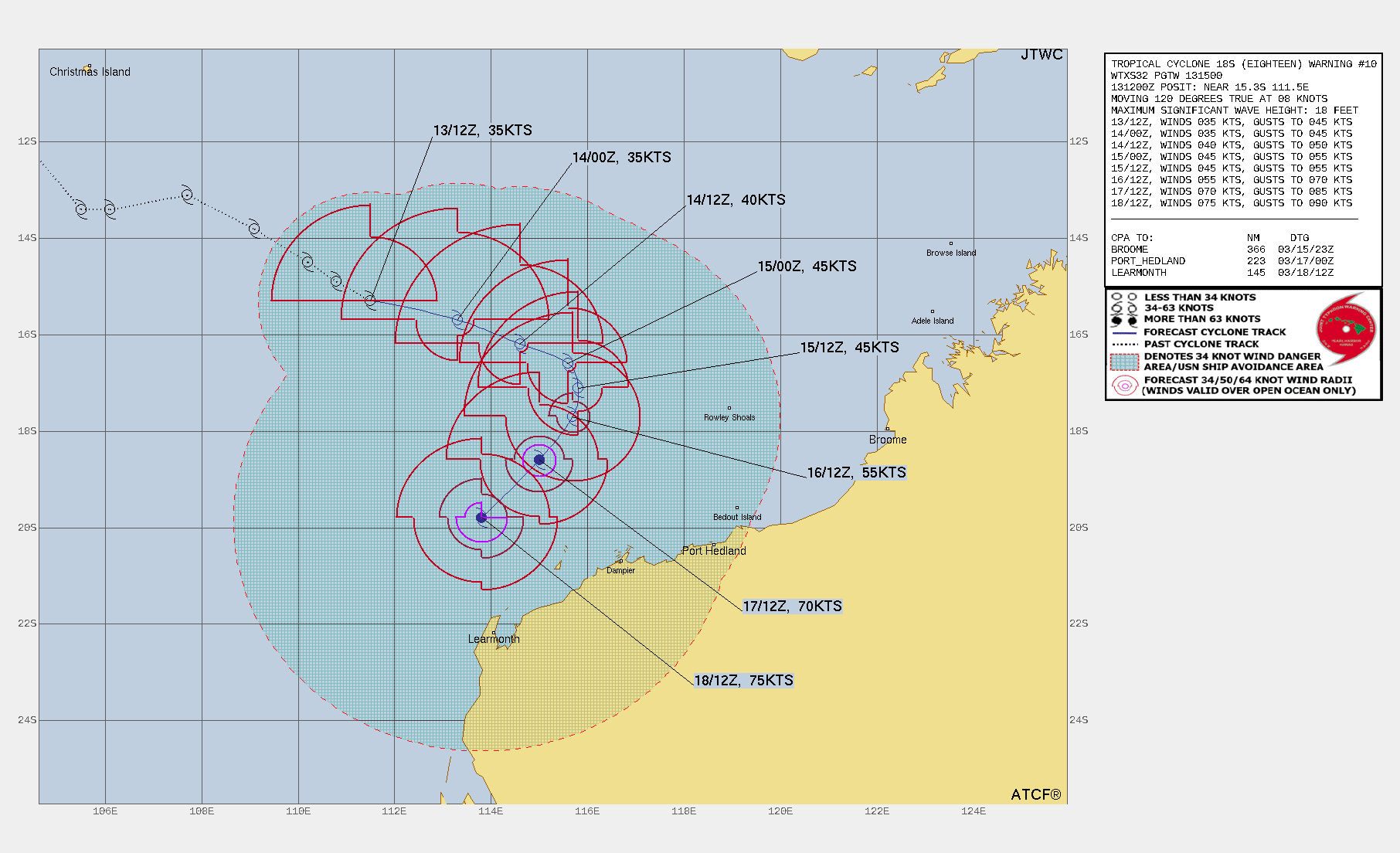 FORECAST REASONING.  SIGNIFICANT FORECAST CHANGES: THERE ARE NO SIGNIFICANT CHANGES TO THE FORECAST FROM THE PREVIOUS WARNING.  FORECAST DISCUSSION: TC 18S IS CURRENTLY TRACKING SOUTHEASTWARD ALONG THE SOUTHERN PERIPHERY OF A NER TO THE NORTH. TC 18S IS FORECAST TO CONTINUE THIS TRACK UNTIL TAU 36, WHERE IT IS ANTICIPATED TO INITIATE A POLEWARD TURN IN RESPONSE TO A SUBTROPICAL RIDGE (STR) POSITIONED OVER WESTERN AUSTRALIA. THE SYSTEM  IS FORECAST TO HAVE COMPLETED THE POLEWARD TURN NEAR TAU 72. AFTER  TAU 72, TC 18S IS EXPECTED TO CONTINUE ON A SOUTHWESTWARD TRACK FOR  THE REMAINDER OF THE FORECAST PERIOD. REGARDING THE INTENSITY  FORECAST, TC 18S IS FORECAST TO MAINTAIN 35 KTS THROUGH TAU 12 DUE TO  THE RELATIVELY DISORGANIZED STRUCTURE AND MARGINAL ENVIRONMENT. AFTER  TAU 12, TC 18S IS FORECAST TO THEN GRADUALLY INCREASE INTENSITY  THROUGHOUT THE DURATION OF THE FORECAST PERIOD AS THE SYSTEM TRACKS  INTO A MARGINALLY FAVORABLE ENVIRONMENT WITH LESS VERTICAL WIND SHEAR VALUES (10-15 KTS) STARING AT TAU 36 AND SEA SURFACE TEMPERATURES REMAINING VERY WARM.