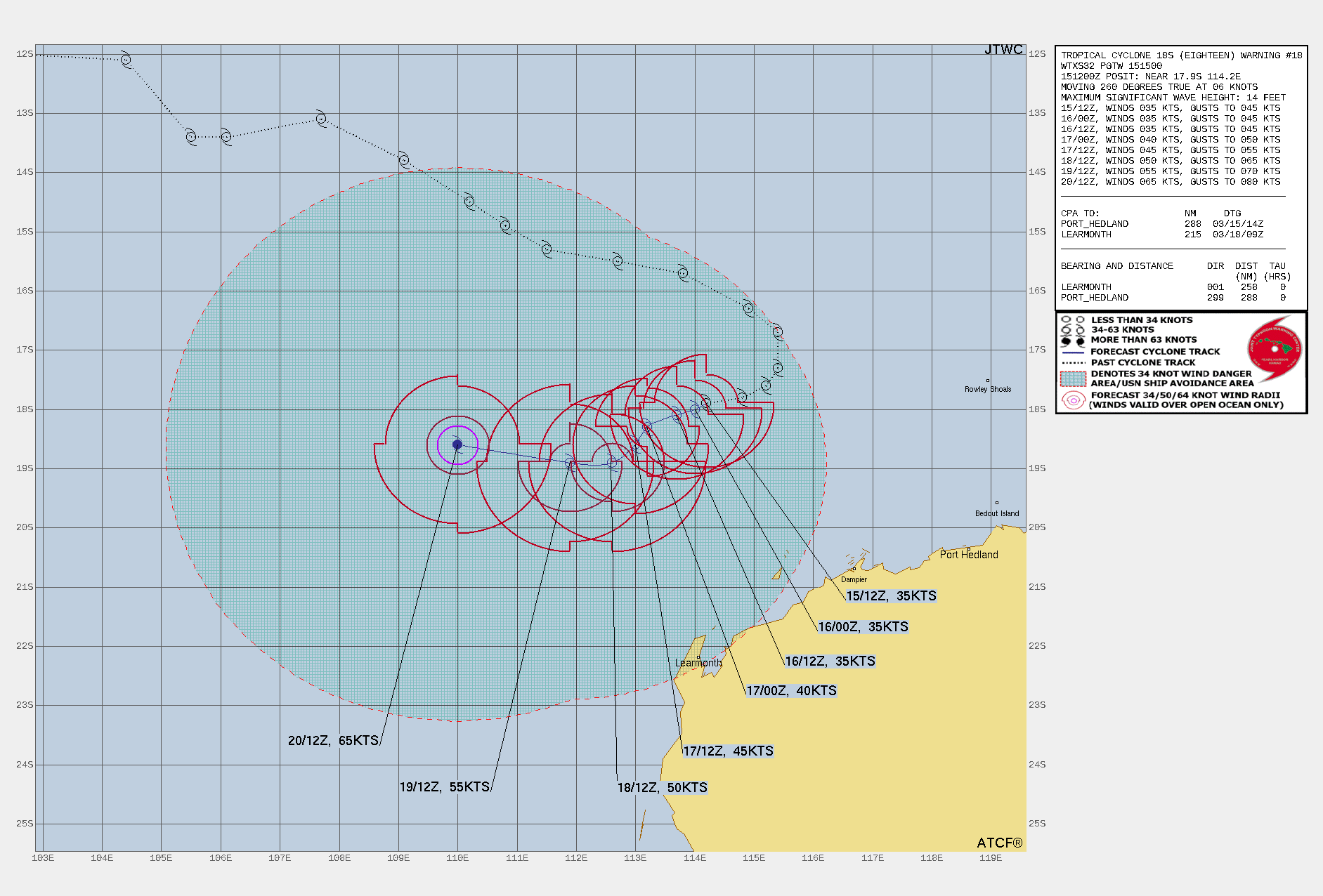 FORECAST REASONING.  SIGNIFICANT FORECAST CHANGES: THERE ARE NO SIGNIFICANT CHANGES TO THE FORECAST FROM THE PREVIOUS WARNING.  FORECAST DISCUSSION: TC 18S IS CURRENTLY TRACKING WEST-SOUTHWESTWARD  ALONG THE NORTHWESTERN PERIPHERY OF THE STR LOCATED OVER CENTRAL  AUSTRALIA AND EXTENDING WESTWARD INTO THE SOUTHWESTERN INDIAN OCEAN  (IO). AS THE AFOREMENTIONED DEEP-LAYER STR CONTINUES TO BUILD SLIGHTLY  WESTWARD, TC 18S IS FORECASTED TO CONTINUE ITS SLOW, MEANDERING WEST- SOUTHWESTWARD TRACK THROUGH TAU 36. AFTER TAU 36, A DEEP LONGWAVE  TROUGH WILL WEAKEN THE STR STEERING FLOW, ALLOWING FOR A SHARP  SOUTHWESTWARD TRACK UNTIL TAU 72. AS THE HIGH IN THE SOUTHERN IO  REORIENTS EASTWARD, TC 18S WILL BEGIN A WEST-NORTHWESTWARD TRACK ALONG  THE NORTHERN PERIPHERY OF THE SOUTHEAST TRADE FLOW THROUGH TAU 120. AS  THE CYCLONE PROGRESSES GENERALLY WESTWARD, A MORE CONDUCIVE  ENVIRONMENT IS EXPECTED AS VERTICAL WIND SHEAR (VWS) REMAINS LOW (10- 15 KNOTS), THE SYSTEM'S CORE MAINTAINS ITS MOIST STRUCTURE, AND  FAVORABLE POLEWARD OUTFLOW INCREASES, RESULTING IN A STEADY INCREASE  IN INTENSITY THROUGH TAU 120 OF UP TO 65 KNOTS.