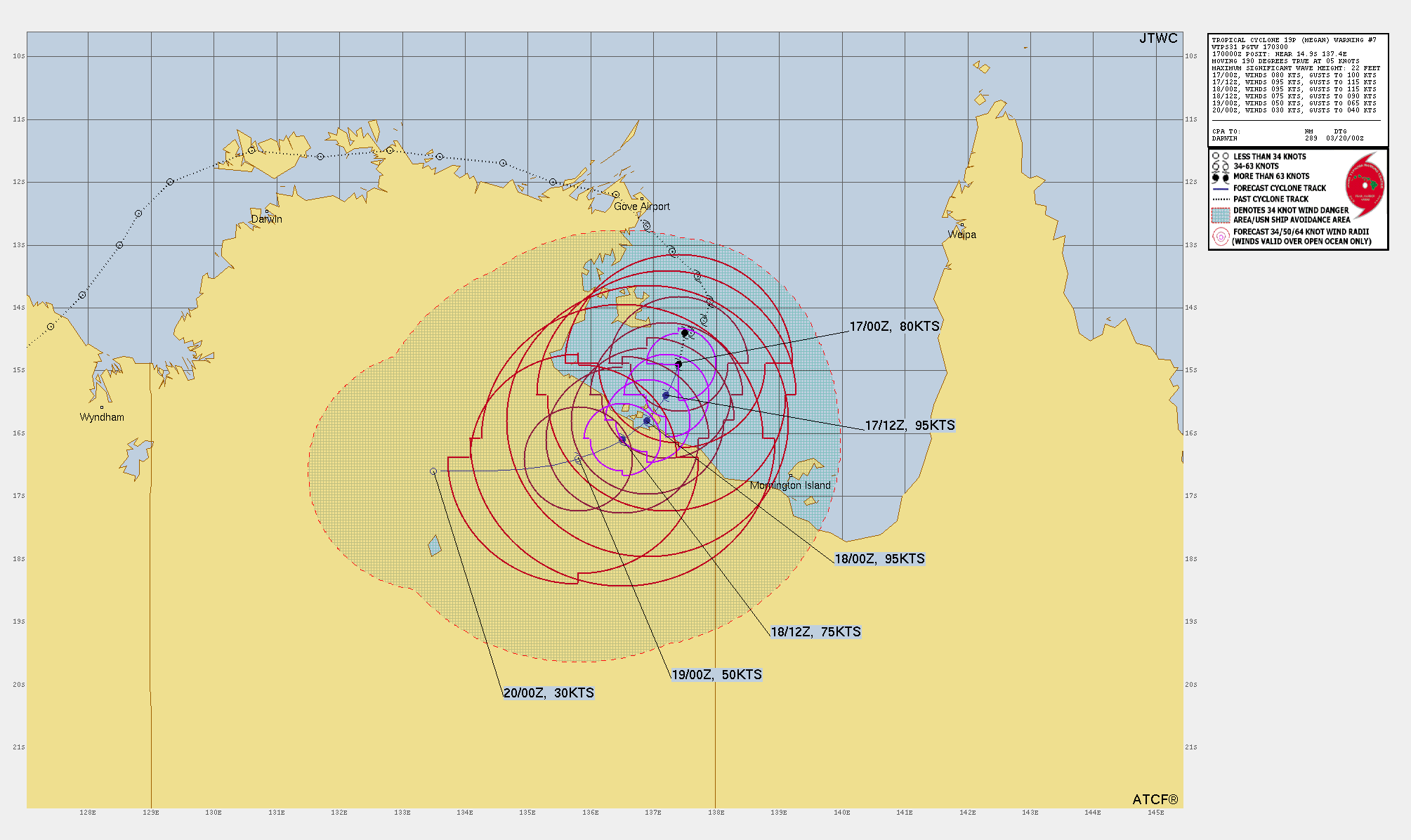 FORECAST REASONING.  SIGNIFICANT FORECAST CHANGES: THERE ARE NO SIGNIFICANT CHANGES TO THE FORECAST FROM THE PREVIOUS WARNING.  FORECAST DISCUSSION: TC 19P HAS COMPLETED A TIGHT CLOCKWISE LOOP OVER THE PAST SIX HOURS, HAVE ABSCONDED BRIEFLY IN A WEAK STEERING ENVIRONMENT. BUT NOW IT HAS PICKED UP SOME SPEED, HEADED TOWARDS THE SOUTHWEST COAST OF THE GULF OF CARPENTARIA, ALONG THE WESTERN SIDE OF A MID-LEVEL NER CENTERED TO THE NORTHEAST. THE NER IS EXPECTED TO WEAKEN SOMEWHAT OVER THE NEXT 12 TO 24 HOURS, WHICH WILL LOOSEN THE STEERING GRADIENT BY A NOTCH OR TWO, THUS ALLOWING TC 19P TO SLOW DOWN TO 2-3 KNOTS AS IT APPROACHES THE COAST. LANDFALL IS EXPECTED AROUND TAU 24 IN THE VICINITY OF THE SIR EDWARD PELLEW GROUP. AFTER LANDFALL, TRACK SPEEDS WILL REMAIN LOW OR EVEN SLOW A BIT MORE AS A WEAKNESS DEVELOPS IN THE MID-LEVEL RIDGE PATTERN. AFTER TAU 48 THE SYSTEM WILL BEGIN TO ACCELERATE WESTWARD AS IT COMES UNDER THE INFLUENCE OF A BUILDING SUBTROPICAL RIDGE (STR) TO THE SOUTH. IN TERMS OF INTENSITY, THE SYSTEM HAS CONTINUED TO RAPIDLY INTENSIFY, EVEN IN THE FACE OF MODERATE EASTERLY ENVIRONMENTAL SHEAR. NO SIGNIFICANT CHANGES ARE EXPECTED IN THE OVERALL ENVIRONMENT OVER THE NEXT 12 TO 18 HOURS, THUS THE SYSTEM IS FORECAST TO CONTINUE TO INTENSIFY, UP TO A PEAK OF 95 KNOTS BY TAU 12. THE SYSTEM WILL MAINTAIN THIS PEAK INTENSITY THROUGH LANDFALL EVEN AFTER DEEP-LAYER ENVIRONMENTAL SHEAR ALONG WITH A BURST OF CONVERGENT NORTHEASTERLY FLOW ALOFT, MOVES IN AROUND TAU 18. ONCE ASHORE HOWEVER, THE SYSTEM WILL QUICKLY WEAKEN AND ULTIMATELY DISSIPATE OVER NORTH-CENTRAL AUSTRALIA BY TAU 72.