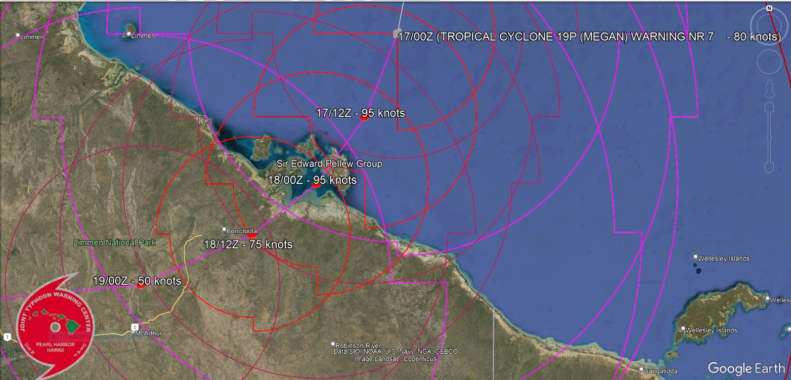 TC 19P(MEGAN) to peak within 12/24H at CAT 2 US crossing the Pellew Group within 24H//TC 18S struggling// 