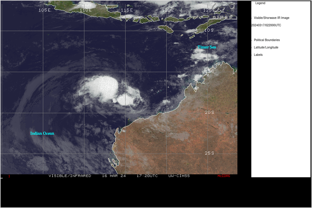 SATELLITE ANALYSIS, INITIAL POSITION AND INTENSITY DISCUSSION: ANIMATED MULTISPECTRAL SATELLITE IMAGERY (MSI) DEPICTS LOW-LEVEL CLOUD BANDS WRAPPING INTO TROPICAL CYCLONE 18S, THOUGH THE LOW LEVEL CIRCULATION CENTER (LLCC) REMAINS OBSCURED BY PLUMES OF FLARING CONVECTION. AS EASTERLY VERTICAL WIND SHEAR (VWS) HAS DECREASED OVER THE LAST SIX HOURS TO 15-20KTS, THE VERTICAL STRUCTURE OF THE SYSTEM HAS IMPROVED SLIGHTLY. THE SYSTEM REMAINS QUASI-STATIONARY (QS) IN THE REGION, CONTINUING OCEANIC UPWELLING AND DRAINING THE OCEAN HEAT CONTENT. THE SYSTEM HAS DRIFTED TO THE SOUTHEAST WHILE REMAINING IN A COMPETING STEERING ENVIRONMENT ON THE SOUTHERN PERIPHERY OF A NEAR EQUATORIAL RIDGE (NER) TO THE NORTH AND A SUBTROPICAL RIDGE (STR) TO THE SOUTHEAST. OUTFLOW WAFTS WEAKLY POLEWARD AS WINDS ARE NOT VERY DIVERGENT ALOFT. THE INITIAL POSITION WAS ASSESSED WITH LOW CONFIDENCE BASED ON ANIMATED MSI DEPICTING WELL-DEFINED CLOUD BANDS WRAPPING FROM THE NORTHWEST INTO A CENTER BENEATH THE CONVECTION. THE INTENSITY WAS ASSESSED WITH LOW CONFIDENCE BASED ON AGENCY AND OBJECTIVE FIXES LISTED BELOW.
