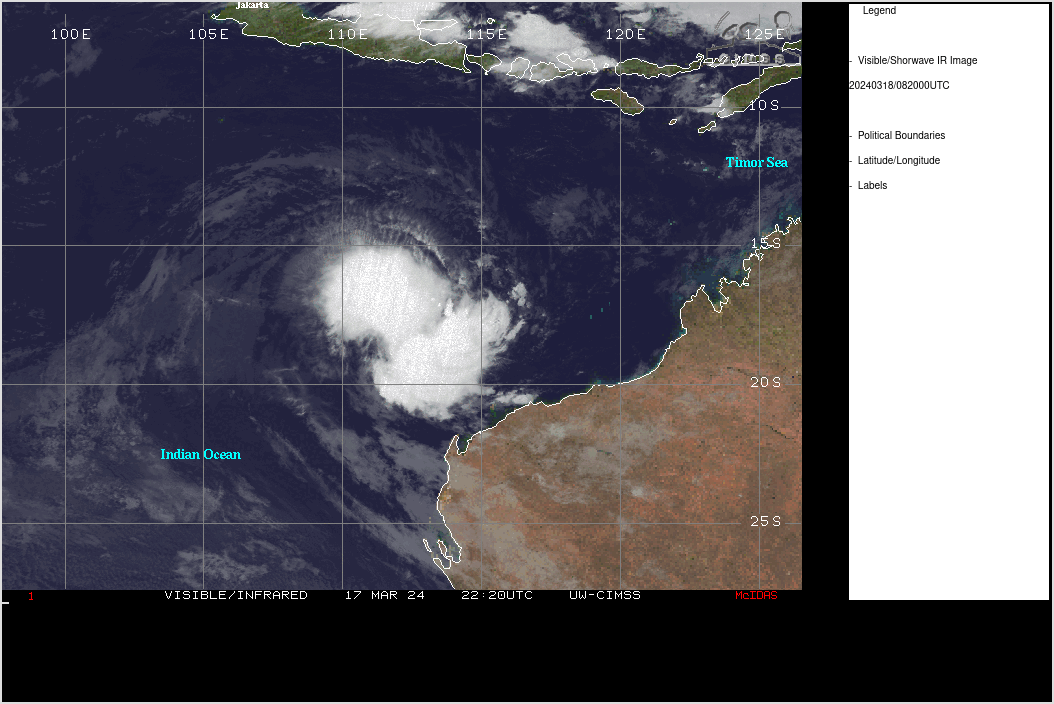 REMARKS: 180900Z POSITION NEAR 17.0S 112.1E. 18MAR24. TROPICAL CYCLONE 18S (EIGHTEEN), LOCATED APPROXIMATELY 336 NM NORTH-NORTHWEST OF LEARMONTH, AUSTRALIA, HAS TRACKED NORTHWESTWARD AT 03 KNOTS OVER THE PAST SIX HOURS. A 180220Z  ASCAT-C SCATTEROMETRY IMAGE REVEALED 25-30 KTS IN THE SOUTHERN PERIPHERY OF THE LOW-LEVEL CIRCULATION CENTER (LLCC) WITH LIGHTER 15-20 KT WINDS AROUND THE NORTHERN PERIPHERY. ANIMATED MULTISPECTRAL  SATELLITE IMAGERY DEPICTS THE OVERALL STRUCTURE OF THE SYSTEM TO  BE DISORGANIZED. GLOBAL NUMERICAL MODEL GUIDANCE SUGGESTS THAT THE REMNANTS OF 18S MAY REINTENSIFY IF THE ENVIRONMENTAL CONDITIONS FOR GENESIS IMPROVE. THIS IS THE FINAL WARNING ON THIS SYSTEM BY THE JOINT TYPHOON WRNCEN PEARL HARBOR HI. THE SYSTEM WILL BE CLOSELY MONITORED FOR SIGNS OF REGENERATION. MINIMUM CENTRAL PRESSURE AT 180600Z IS 997 MB.