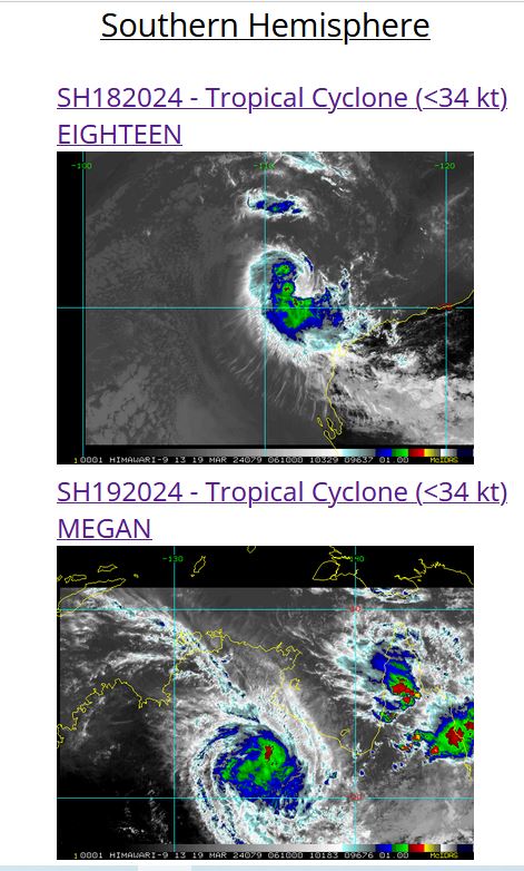 Remnants of TC 18S likely to re-develop within 48H//Over-land remnants of TC 19P(MEGAN)// 10 Day ECMWF Storm Tracks//1906utc