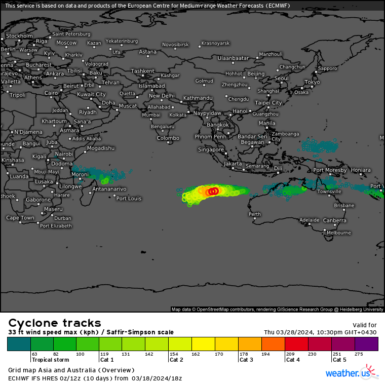 Remnants of TC 18S likely to re-develop within 48H//Over-land remnants of TC 19P(MEGAN)// 10 Day ECMWF Storm Tracks//1906utc