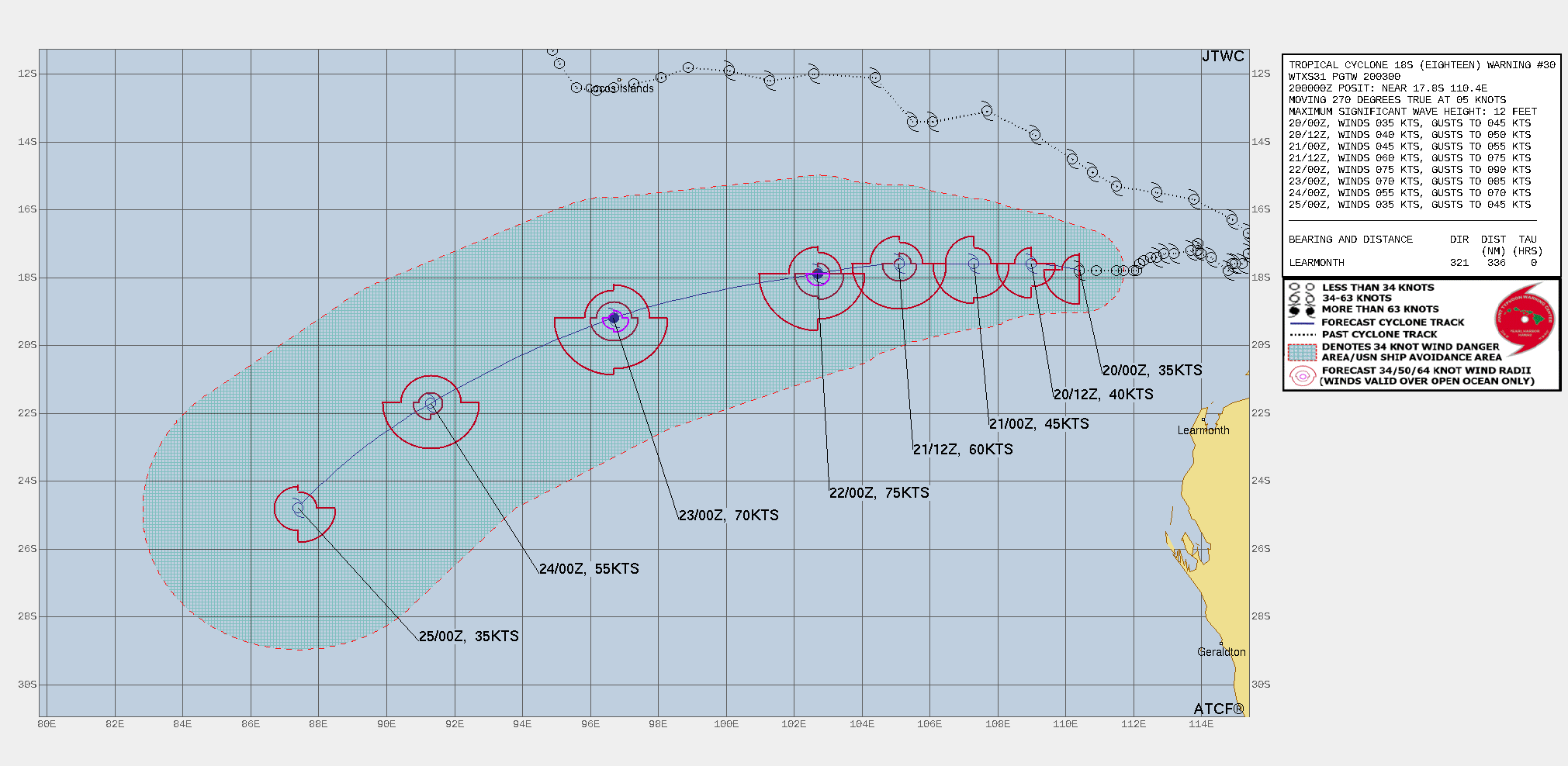 FORECAST REASONING.  SIGNIFICANT FORECAST CHANGES: RESUMING JTWC WARNINGS BASED ON ANALYSIS OF ALL AVAILABLE DATA INDICATING TC 18S HAS REACHED 35 KNOT WARNING CRITERIA.   FORECAST DISCUSSION: TC 18S IS FORECAST TO TRACK WESTWARD THROUGH TAU 48 UNDER THE INFLUENCE OF THE STEERING RIDGE TO THE SOUTH. INTENSIFICATION IS EXPECTED TO BE GRADUAL OVER THE FIRST 24 HOURS AS THE VORTEX ALIGNMENT CONTINUES TO IMPROVE, AND PERSISTENT CONVECTION ENHANCES THE MOISTURE IN THE IMMEDIATE VICINITY OF THE LLCC, ALTHOUGH DRY AIR IS EXPECTED TO REMAIN ENTRENCHED AROUND THE PERIPHERY. AFTER 24 HOURS, MODELS ARE INDICATING A PERIOD OF STRONG DEEPENING, NEARING RAPID INTENSIFICATION PACE, AS VWS SHOULD REMAIN FAVORABLE. PEAK INTENSITY WAS SET AT 75 KNOTS, WHICH HELD BELOW THE AGGRESSIVE MESOSCALE MODELS, GIVEN THAT AVAILABLE MOISTURE SHOULD REMAIN A LIMITING FACTOR. BEYOND TAU 48, THE TRACK WILL TRANSITION TO SOUTHWESTWARD, AS A WEAKNESS DEVELOPS IN THE STR. AFTER TAU 72, THE SYSTEM WILL BEGIN FEELING THE EFFECTS OF INCREASED VWS DUE TO AN APPROACHING UPPER LEVEL JET. ADDITIONALLY, SSTS WILL DROP BELOW 26 DEGREES CELSIUS. VWS WILL CONTINUE TO INCREASE THROUGHOUT THE REMAINDER OF THE FORECAST PERIOD. THE FIVE DAY FORECAST INTENSITY IS SET AT 35 KTS, HOWEVER, DISSIPATION MAY OCCUR SOONER DUE TO THE HIGHLY UNFAVORABLE ENVIRONMENT ANTICIPATED BY THAT TIME.