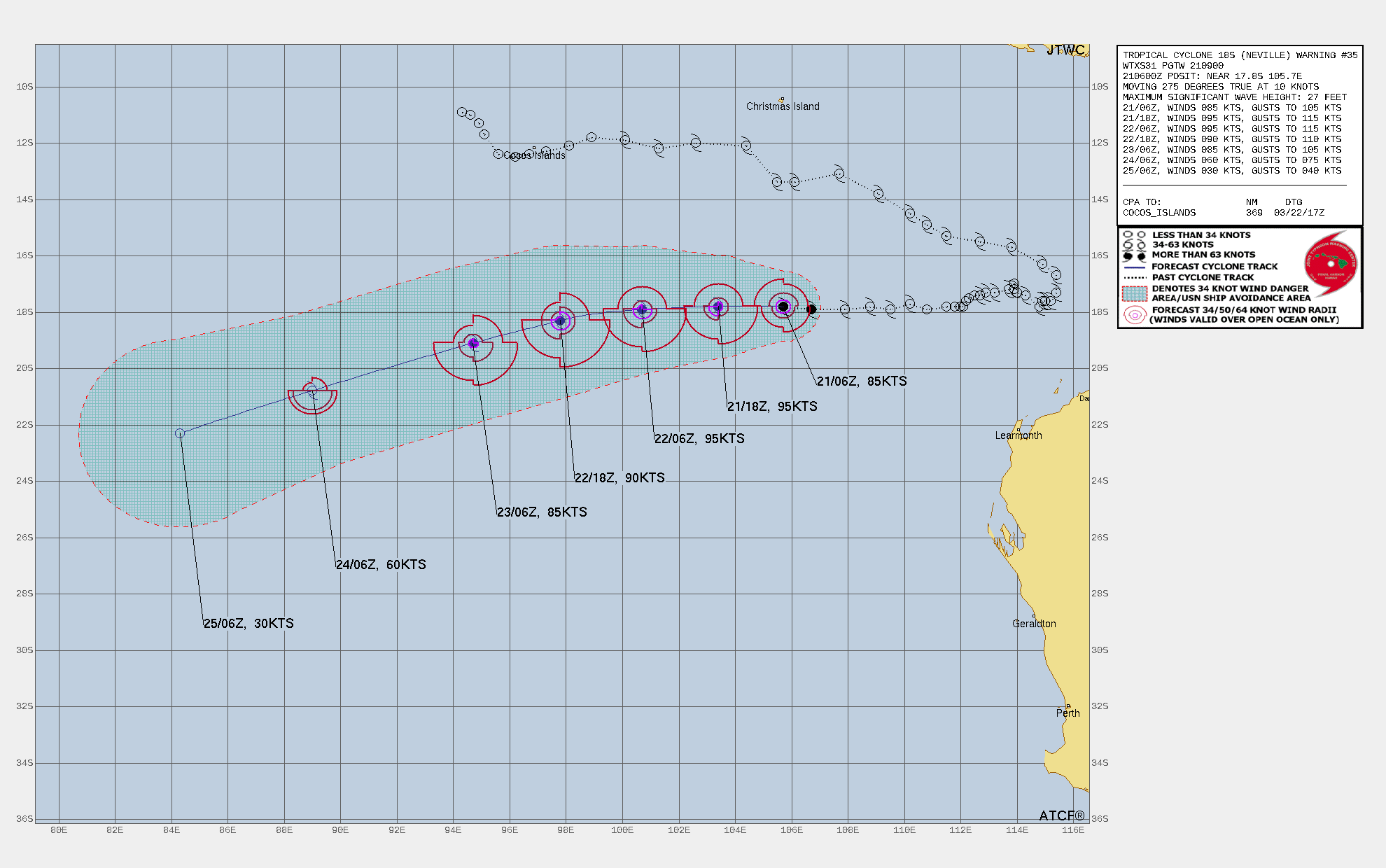 FORECAST REASONING.  SIGNIFICANT FORECAST CHANGES: THERE ARE NO SIGNIFICANT CHANGES TO THE FORECAST FROM THE PREVIOUS WARNING.  FORECAST DISCUSSION: TC 18S IS FORECAST TO CONTINUE ON A WESTWARD TRACK UNTIL TAU 24 AS IT TRACKS ALONG THE NORTHERN PERIPHERY OF THE STR TO THE SOUTH. AFTER TAU 24, THE SYSTEM IS FORECAST TO BEGIN A SOUTHWESTWARD TRACK AS IT STARTS TO ROUND THE NORTHWESTERN PERIPHERY OF THE STR. THE SYSTEM IS EXPECTED TO CONTINUE THE SOUTHWESTWARD TRACK THROUGH THE REMAINDER OF THE FORECAST INTERVAL. REGARDING THE JTWC INTENSITY FORECAST, TC 18S IS FORECAST TO INTENSIFY TO A PEAK OF 95 KTS AROUND TAU 12 AND MAINTAIN THAT INTENSITY THROUGH TAU 24 DUE PRIMARILY TO AN INCREASE IN OUTFLOW ALOFT AND THE PERSISTENCE OF LOW VWS. AFTER TAU 24, VWS VALUES BEGIN TO RISE TO AROUND 15 KTS AND THE SYSTEM IS EXPECTED TO START DEGRADING. TC 18S IS, AS A RESULT, FORECAST TO BE 90 KTS NEAR TAU 36 AND 85 KTS NEAR TAU 48. AFTER TAU 48, DRY AIR BEGINS TO ENTRAIN INTO THE SYSTEM AND VWS IS EXPECTED TO INCREASE TO 25-30 KTS DUE TO PROXIMITY TO THE UPPER-LEVEL JET WHICH WILL AID TO QUICKLY WEAKEN THE SYSTEM. TC 18S IS FORECAST TO WEAKEN TO 60 KTS NEAR TAU 72 AND EVENTUALLY DISSIPATE TO 30 KTS BY TAU 96.