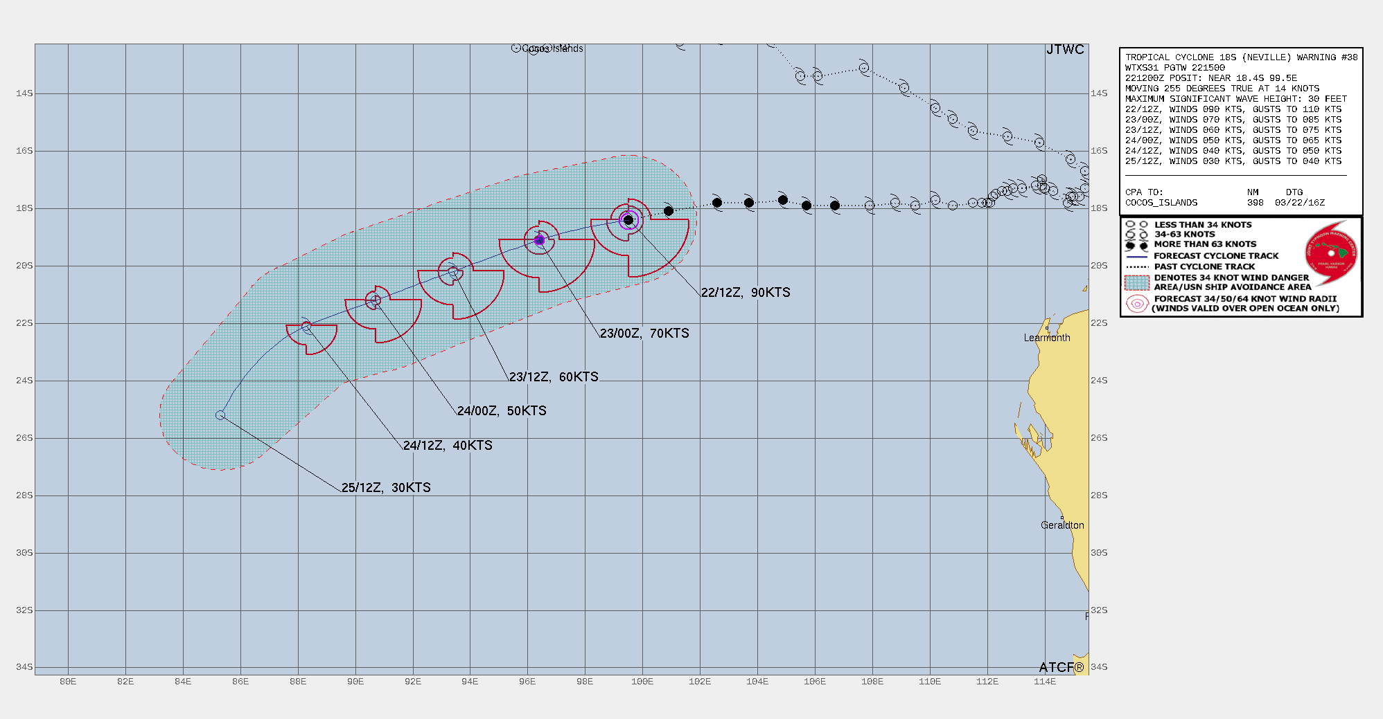 FORECAST REASONING.  SIGNIFICANT FORECAST CHANGES: THERE ARE NO SIGNIFICANT CHANGES TO THE FORECAST FROM THE PREVIOUS WARNING.  FORECAST DISCUSSION: TC 18S IS FORECAST TO CONTINUE ON A WEST-SOUTHWESTWARD TRACK THROUGH TAU 48 AS IT TRACKS ALONG THE NORTHWESTERN PERIPHERY OF THE STR TO THE SOUTH. AFTER TAU 48, THE SYSTEM IS FORECAST TO TURN MORE POLEWARD (SOUTHWESTWARD) AS 18S  ROUNDS THE WESTERN EXTENT OF THE STR. REGARDING INTENSITY, TC 18S IS  EXPECTED TO CONTINUE TO WEAKEN AS VWS VALUES REMAIN HIGH, SEA SURFACE TEMPERATURES DECREASE, AND DRY AIR ENTRAINS THE SYSTEM. ADDITIONALLY, A PRONOUNCED SHORTWAVE TROUGH IS POSITIONED TO THE WEST AND WILL AID IN DISSIPATION AS 18S ENCROACHES THE TROUGH. THE  SYSTEM IS FORECAST TO WEAKEN TO 70 KTS NEAR TAU 12, 60 KTS NEAR TAU  24, 50 KTS NEAR TAU 36, AND 40 KTS NEAR TAU 48. BY TAU 72, TC 18S IS ANTICIPATED TO HAVE ENTIRELY DISSIPATED.