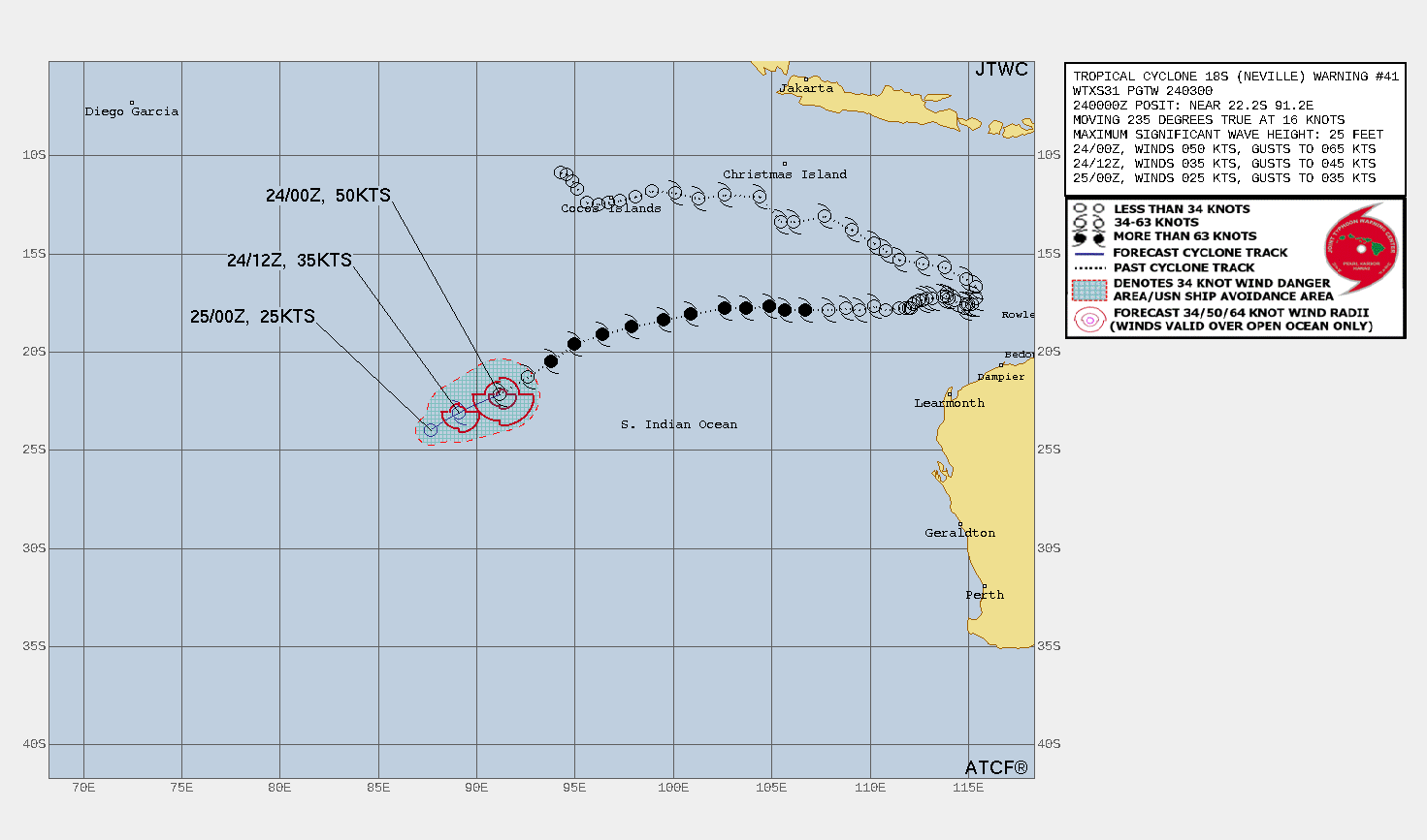 FORECAST REASONING.  SIGNIFICANT FORECAST CHANGES: THERE ARE NO SIGNIFICANT CHANGES TO THE FORECAST FROM THE PREVIOUS WARNING.  FORECAST DISCUSSION: TC NEVILLE WILL CONTINUE TO TRACK SOUTHWESTWARD UNDER THE STEERING INFLUENCE OF THE STR TO THE SOUTH. THE HIGHLY UNFAVORABLE ENVIRONMENT WILL GET WORSE AND ERODE THE CYCLONE TO DISSIPATION BY TAU 24, LIKELY SOONER.