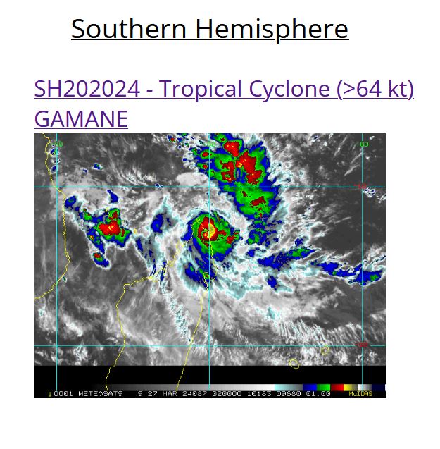 TC 20S(GAMANE) making landfall north of VOHEMAR/MADAGASCAR at CAT 2 US//  3 Week TC Formation Probability// 2703utc 