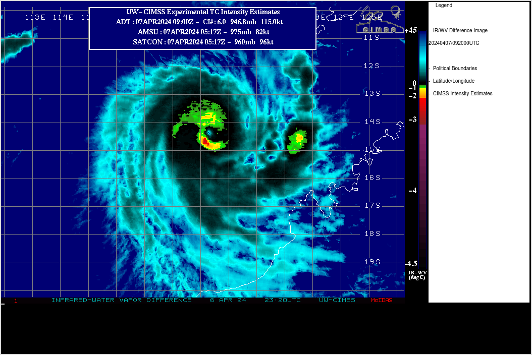 SATELLITE ANALYSIS, INITIAL POSITION AND INTENSITY DISCUSSION: TROPICAL CYCLONE (TC) 21S HAS UNDERGONE EXTREME RAPID INTENSIFICATION  (ERI) OVER THE PAST 24 HOURS, FROM 50 KNOTS AT 060600Z TO THE INITIAL  INTENSITY OF 100 KNOTS. ANIMATED MULTISPECTRAL SATELLITE IMAGERY  (MSI) DEPICTS ASYMMETRIC CORE CONVECTION SURROUNDING AN 8 NM EYE,  WITH TROCHOIDAL MOTION EVIDENT OVER THE PAST SIX HOURS. THE INITIAL  POSITION IS PLACED WITH HIGH CONFIDENCE BASED ON THE MSI. AS A RESULT  OF THE EXTENSIVE DRY AIR AROUND THE PERIPHERY OF THE SYSTEM, A  070520Z ATMS 88.2 GHZ MICROWAVE IMAGE REVEALS A COMPACT CONVECTIVE  CORE, WITH LIMITED BANDING OVER THE SOUTHERN QUADRANT. ENVIRONMENTAL  CONDITIONS ARE FAVORABLE, WITH LOW VERTICAL WIND SHEAR (VWS), STRONG  POLEWARD OUTFLOW AND WARM SST VALUES. HOWEVER, AS EXPECTED,  INCREASING NORTHWESTERLY VWS IS BEGINNING TO IMPINGE ON THE WESTERN  PERIPHERY OF THE SYSTEM DEGRADING WESTWARD OUTFLOW AS INDICATED IN  THE ANIMATED WATER VAPOR IMAGERY. ADDITIONALLY, DRY AIR IS ENTRAINING INTO THE NORTHEASTERN QUADRANT OF THE SYSTEM. THE INITIAL INTENSITY OF 100 KTS IS ASSESSED WITH HIGH CONFIDENCE BASED ON CONCURRENT AGENCY DVORAK ESTIMATES OF T5.5 (102 KNOTS), WITH ADT, AIDT OBJECTIVE INTENSITY ESTIMATES OF 102 AND 104 KNOTS, RESPECTIVELY. SATELLITE ANALYSIS, INITIAL POSITION AND INTENSITY DISCUSSION: TROPICAL CYCLONE (TC) 21S HAS UNDERGONE EXTREME RAPID INTENSIFICATION  (ERI) OVER THE PAST 24 HOURS, FROM 50 KNOTS AT 060600Z TO THE INITIAL  INTENSITY OF 100 KNOTS. ANIMATED MULTISPECTRAL SATELLITE IMAGERY  (MSI) DEPICTS ASYMMETRIC CORE CONVECTION SURROUNDING AN 8 NM EYE,  WITH TROCHOIDAL MOTION EVIDENT OVER THE PAST SIX HOURS. THE INITIAL  POSITION IS PLACED WITH HIGH CONFIDENCE BASED ON THE MSI. AS A RESULT  OF THE EXTENSIVE DRY AIR AROUND THE PERIPHERY OF THE SYSTEM, A  070520Z ATMS 88.2 GHZ MICROWAVE IMAGE REVEALS A COMPACT CONVECTIVE  CORE, WITH LIMITED BANDING OVER THE SOUTHERN QUADRANT. ENVIRONMENTAL  CONDITIONS ARE FAVORABLE, WITH LOW VERTICAL WIND SHEAR (VWS), STRONG  POLEWARD OUTFLOW AND WARM SST VALUES. HOWEVER, AS EXPECTED,  INCREASING NORTHWESTERLY VWS IS BEGINNING TO IMPINGE ON THE WESTERN  PERIPHERY OF THE SYSTEM DEGRADING WESTWARD OUTFLOW AS INDICATED IN  THE ANIMATED WATER VAPOR IMAGERY. ADDITIONALLY, DRY AIR IS ENTRAINING INTO THE NORTHEASTERN QUADRANT OF THE SYSTEM. THE INITIAL INTENSITY OF 100 KTS IS ASSESSED WITH HIGH CONFIDENCE BASED ON CONCURRENT AGENCY DVORAK ESTIMATES OF T5.5 (102 KNOTS), WITH ADT, AIDT OBJECTIVE INTENSITY ESTIMATES OF 102 AND 104 KNOTS, RESPECTIVELY.
