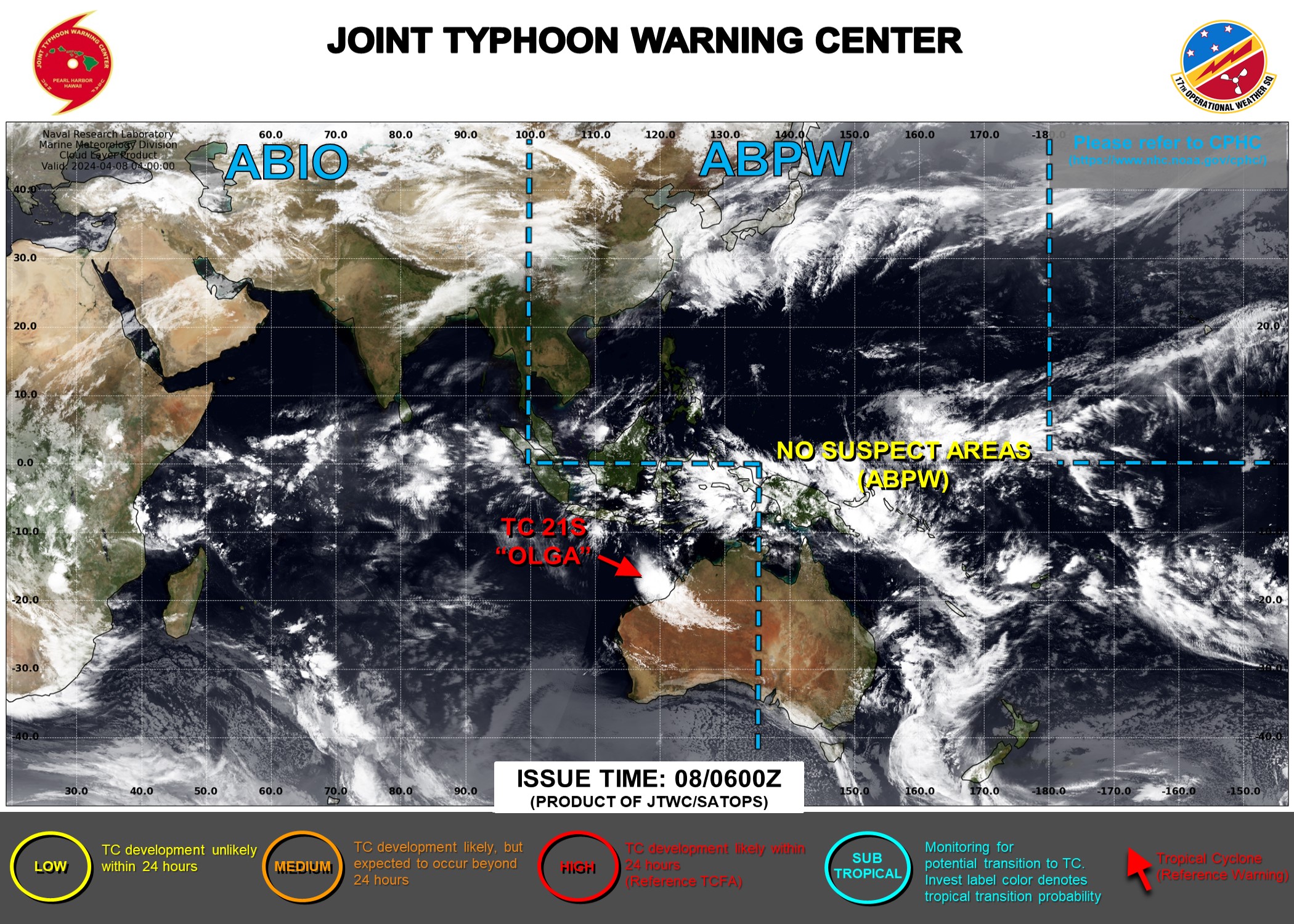 JTWC IS ISSUING 6HOURLY WARNINGS AND 3HOURLY SATELLITE BULLETINS ON TC 21S(OLGA)
