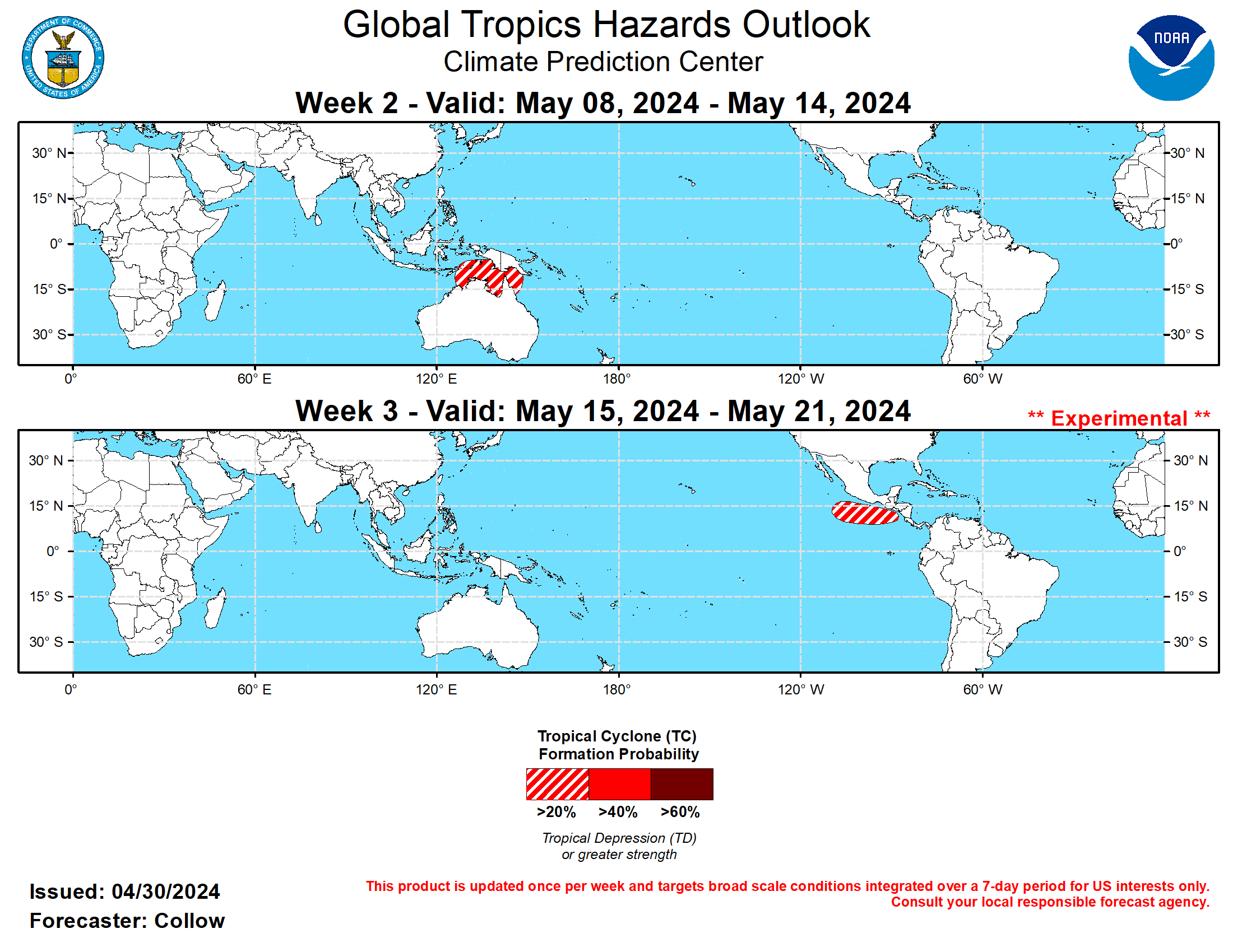 GTH Outlook Discussion Last Updated - 04/30/24 Valid - 05/08/24 - 05/21/24 During mid- to late-April, the Madden Julian Oscillation weakened into the RMM-based unit circle. However, during the past few days, the MJO has shown signs of re-emerging over the Indian Ocean, aided in part by an enhanced low frequency convective signal across the region. Dynamical models agree in terms of eastward propagation of the intraseasonal signal through the Maritime Continent during the first week of May, but diverge thereafter. The ECMWF ensemble depicts a fast, but weak propagation of the MJO into the Western Hemisphere by mid-May, while the GEFS is slower and more unclear in the MJO propagation east of the Date Line.  No tropical cyclones (TCs) have developed in the past week, corresponding with the climatological quietest time of year for the global tropics. The Joint Typhoon Warning Center (JTWC) is monitoring a disturbance to the north of Madagascar (Invest 90S), which may develop into a TC during the next few days. By week-2, the evolution of the MJO favors enhanced chances of late-season TC development north of Australia, extending across parts of the Banda, Arafura, and Timor Seas and into the Gulf of Carpentaria where at least a 20 percent chance of TC formation is highlighted, although there is the potential that TC development occurs late in the week-1 period. A more robust eastward MJO propagation favors increasing chances of TC formation across the eastern North Pacific, corresponding with the May 15 start of the hurricane season in that region. Although early in the season, very warm sea surface temperatures (greater than 30 deg C off the west coast of Central America) combined with the convective environment potentially becoming more favorable, support a 20 percent chance or greater for TC formation is highlighted across the eastern North Pacific during week-3. GTH Outlook Discussion Last Updated - 04/30/24 Valid - 05/08/24 - 05/21/24 During mid- to late-April, the Madden Julian Oscillation weakened into the RMM-based unit circle. However, during the past few days, the MJO has shown signs of re-emerging over the Indian Ocean, aided in part by an enhanced low frequency convective signal across the region. Dynamical models agree in terms of eastward propagation of the intraseasonal signal through the Maritime Continent during the first week of May, but diverge thereafter. The ECMWF ensemble depicts a fast, but weak propagation of the MJO into the Western Hemisphere by mid-May, while the GEFS is slower and more unclear in the MJO propagation east of the Date Line.  No tropical cyclones (TCs) have developed in the past week, corresponding with the climatological quietest time of year for the global tropics. The Joint Typhoon Warning Center (JTWC) is monitoring a disturbance to the north of Madagascar (Invest 90S), which may develop into a TC during the next few days. By week-2, the evolution of the MJO favors enhanced chances of late-season TC development north of Australia, extending across parts of the Banda, Arafura, and Timor Seas and into the Gulf of Carpentaria where at least a 20 percent chance of TC formation is highlighted, although there is the potential that TC development occurs late in the week-1 period. A more robust eastward MJO propagation favors increasing chances of TC formation across the eastern North Pacific, corresponding with the May 15 start of the hurricane season in that region. Although early in the season, very warm sea surface temperatures (greater than 30 deg C off the west coast of Central America) combined with the convective environment potentially becoming more favorable, support a 20 percent chance or greater for TC formation is highlighted across the eastern North Pacific during week-3.