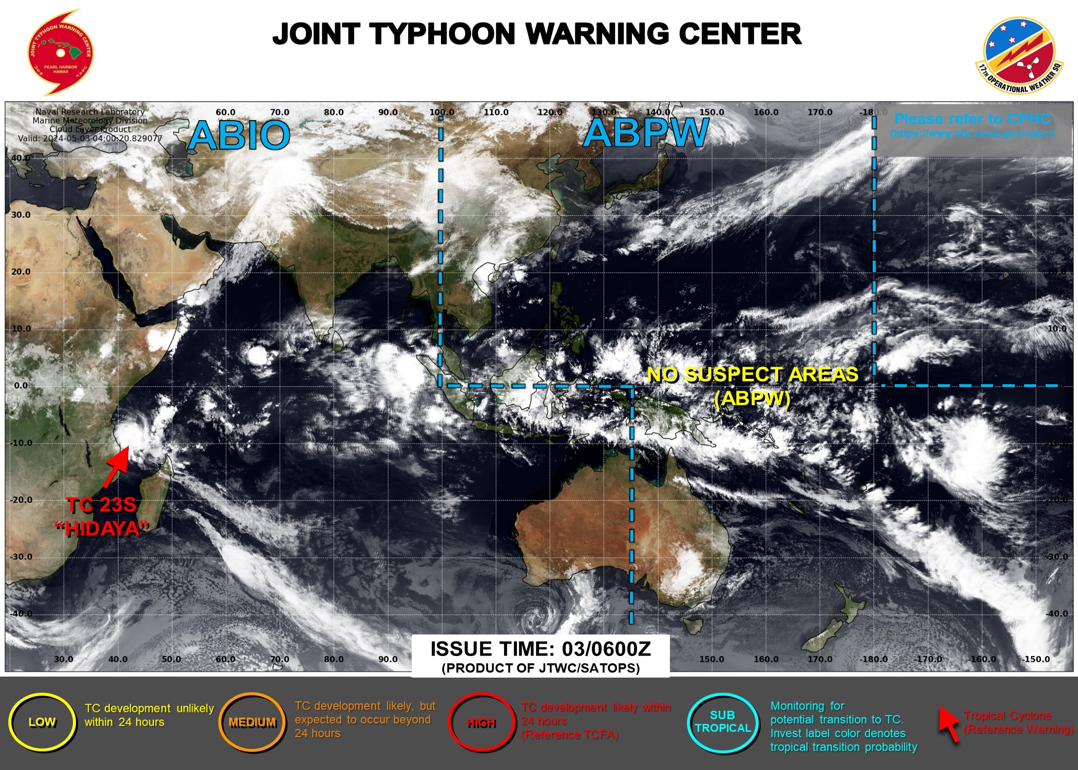 JTWC IS ISSUING 12HOURLY WARNINGS AND 3HOURLY SATELLITE BULLETINS ON TC 23S(HIDAYA)