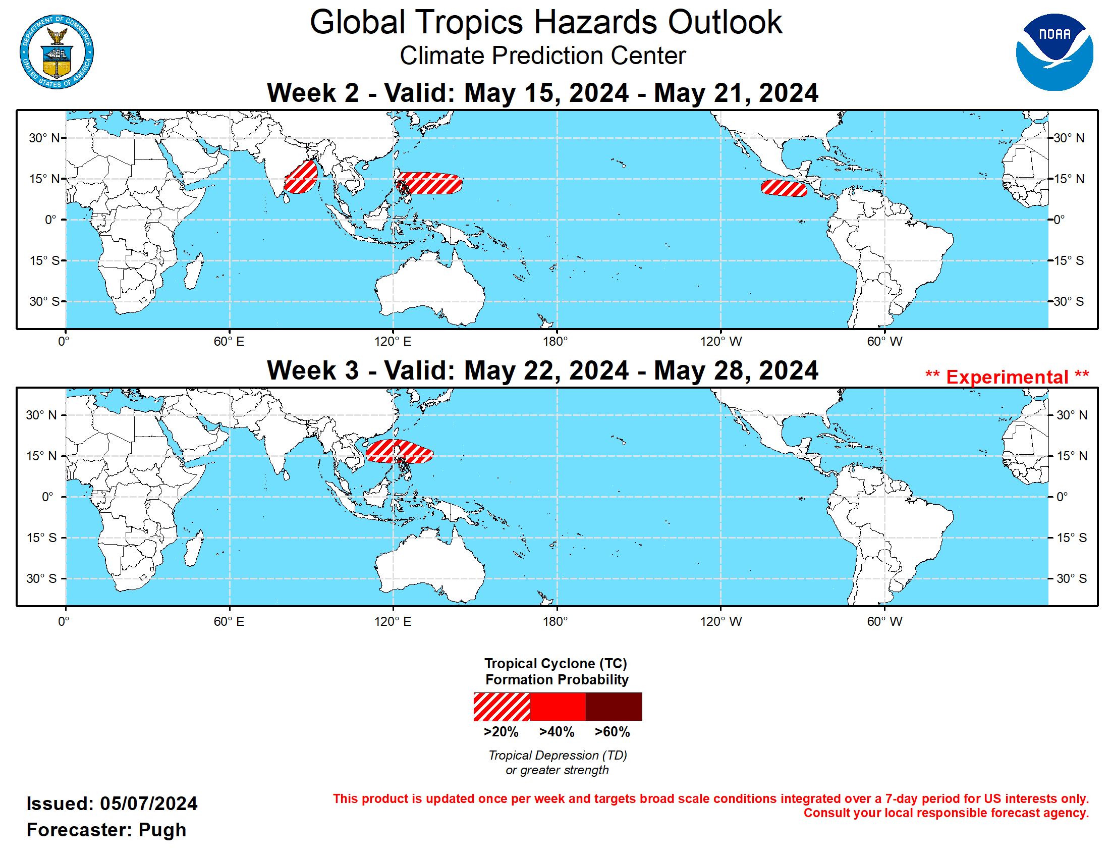 GTH Outlook Discussion Last Updated - 05/07/24 Valid - 05/15/24 - 05/28/24 According to the RMM-based MJO index, the MJO amplitude increased during late April with recent eastward propagation from the Indian Ocean to the Maritime Continent. The observed 200-hPa velocity potential anomaly field depicts a coherent wave-1 pattern with anomalous divergence (convergence) centered over the Maritime Continent and West Pacific (Atlantic). This spatial pattern of 200-hPa velocity potential anomalies has also shown an eastward propagation during the past week which is consistent with an MJO. The GEFS and ECMWF models generally agree on an MJO propagating rapidly east over the Western Hemisphere during the next two weeks. Also, there is expected to be a Kelvin wave out ahead of this MJO and an equatorial Rossby wave shifting west from the Pacific to the Indian Ocean during mid-May. The multiple modes of subseasonal variability are complicating the RMM-based index forecast from the dynamical models.  Following a few weeks of no tropical cyclones (TCs) over the southern Indian Ocean, the recent strengthening MJO may have contributed to the development of Tropical Cyclone Hidaya across the western Indian Ocean on May 1. Heavy rainfall, associated with Hidaya, triggered more flooding across Kenya and Tanzania. During May, the Southern Hemisphere typically becomes much less active with TCs while the West and East Pacific basins begin to ramp up especially later in the month. The large-scale environment across the East Pacific is expected to be briefly favorable for TC development (20 to 40 percent chance) from May 15 to 21, following the passage of the Kelvin wave and MJO. The number of GFS and ECMWF ensemble members featuring TC development in this region has increased the past two days. An equatorial Rossby wave along with dynamical model output supports at least a 20 to percent chance of TC genesis in the Bay of Bengal from May 15 to 21. Based on dynamical models, a 20 to 40 percent chance of TC development is also posted for the West Pacific from May 15 to 21 and this favored area expands to include the South China Sea one week later.