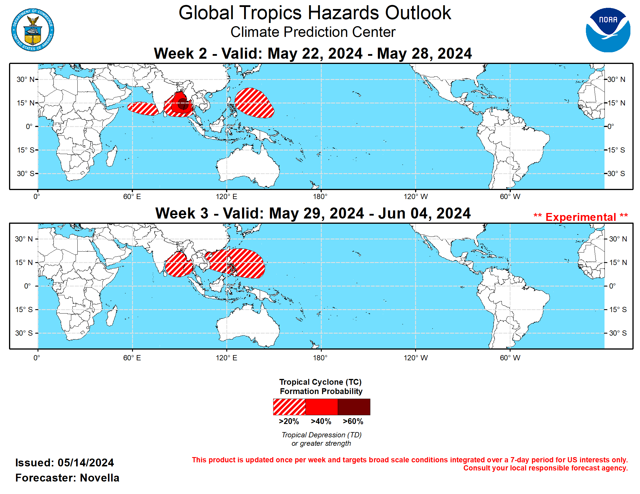 GTH Outlook Discussion Last Updated - 05/14/24 Valid - 05/22/24 - 06/04/24 Following a brief period of more coherent Madden-Julian Oscillation (MJO) activity during late April, the MJO has since weakened and became increasingly disorganized. The observed upper-level velocity potential anomaly fields depict a poor representation of the enhanced divergence envelope crossing the western Hemisphere, where there appears to be two other convective centers throughout the global tropics; one tied to a low frequency response in the western Indian Ocean, and another tied to Kelvin wave activity moving over the tropical Americas. The multiple centers of action have led to a much weakened signal in RMM space, as other modes of tropical variability have played a superseding role in driving convective and circulation anomalies during the past week or so.  Moving forward, however, there is growing support in the RMM forecasts for renewed MJO activity during the next week, with the enhanced phase propagating eastward from the Indian Ocean and crossing the Maritime Continent at a potentially moderate amplitude through the end of May. The amplifying MJO signal in RMM space over the Indian Ocean may, in part, be explained by constructive interference with the aforementioned modes of tropical variability in the basin, and consequently, there is still some question as to the potential coherence of the MJO with other modes of tropical variability favored to remain at play during the next several weeks. There is also uncertainty in regards to MJO phase speed, as upper-level velocity potential anomaly forecasts in the GEFS and ECMWF depict very different placements of the enhanced and suppressed convective envelopes by the end of the month. A slower, and more canonical phase speed favored in the GEFS may be in response to monsoonal circulations taking shape over Asia and Africa, though the Kelvin wave-like MJO phase speed featured in the ECMWF has been the predominant mode this spring. Despite these uncertainties, the large-scale circulation looks conducive for tropical cyclogenesis in the northern Indian Ocean and western Pacific later in May. Conversely, more unfavorable conditions for Tropical Cyclone (TC) development are anticipated over the tropical Americas following a potentially early start of the Hurricane season in the eastern Pacific during week-1.  No tropical cyclones formed during the past week. For week-1, the Joint Typhoon Warning Center (JTWC) is monitoring a tropical disturbance (92S) to the north of Madagascar. While formation chances are currently designated as low in the near-term, deterministic solutions have been fairly bullish for gradual development later this week. Any TC formation during this time of the year in the southwestern Indian Ocean would be very unusual, but is suggestive of the increasingly favorable conditions becoming established in the Indian Ocean. In the western Hemisphere, the National Hurricane Center (NHC) has yet to start issuing their regular Tropical Weather Outlooks (TWOs) with the start of the eastern Pacific Hurricane season beginning tomorrow (5/15). However, there is good continuity and support in the probabilistic TC genesis tools and raw ensembles for potential TC formation to the south of Mexico during mid to late week-1 before the suppressed phase of the MJO strengthens overhead.  For week-2, both the GEFS and ECMWF favor a band of strongly anomalous lower-level westerlies expanding eastward throughout the equatorial Indian Ocean tied to the renewed MJO. With anomalous easterlies favored to the north to induce a broad region of cyclonic flow, this results in elevated TC formation chances over the northern Indian Ocean during week-2. Based on climatology, and continued support in the probabilistic TC genesis tools, 60% chances for development are posted in the Bay of Bengal, with 20% chances in the Arabian Sea. Notably, strongly positive SST anomalies are observed throughout the entire basin, with some parts registering over 31 degrees C in the weekly mean which could provide plenty of fuel for any TCs that develop. These tools also show modest signals for additional development to the south of the equator between 70E and 80E, though given climatology for late May, there is not enough confidence to post a corresponding TC area for week-2. In the western Pacific, 20% chances for TC development are posted in the Philippine Sea in association with an equatorial Rossby wave forecast and support in the raw ensembles. Higher chances were considered, however odds for development are highest in the tools late in week-1, and any areas of low pressure may struggle to intensify with increased shear favored in the GEFS near the Marianas.  Should the MJO maintain coherence while propagating eastward across the Maritime Continent and possibly reach the Western Pacific during week-3, this would continue to favor additional TC development in the northern Indian Ocean and western Pacific based on historical MJO/TC composites. Therefore, 20% chances are posted across the Bay of Bengal and western Pacific which is consistent with signals in the probabilistic tools for week-3. These tools also point to reemerging signals in the eastern Pacific and Caribbean by the start of June. While TC genesis is certainly possible associated with transient equatorial Kelvin and/or Rossby waves that develop, no corresponding TC areas are posted in the outlook as TC formation would become more favorable later during the week-4 timeframe, even with the faster MJO propagation speed featured in the ECMWF.