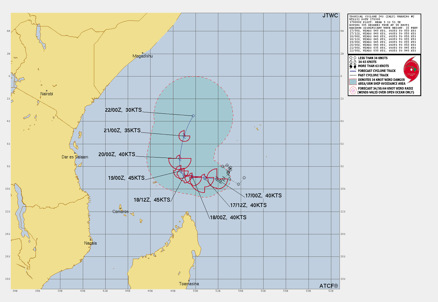 FORECAST REASONING.  SIGNIFICANT FORECAST CHANGES: THERE ARE NO SIGNIFICANT CHANGES TO THE FORECAST FROM THE PREVIOUS WARNING.  FORECAST DISCUSSION: TC 24S (IALY), IS FORECAST TO CONTINUE MEANDERING GENERALLY WESTWARD UNDER THE STEERING INFLUENCE OF THE STR TO THE SOUTH. AS THE SYSTEM PROPAGATES WESTWARD, MODERATE VERTICAL WIND SHEAR (VWS) AND MID-LEVEL DRY AIR ENTRAINMENT WILL GENERALLY NEGATE WARM SSTS AND FAVORABLE UPPER-LEVEL OUTFLOW, RESULTING IN STAGNATING INTENSITIES THROUGH TAU 24. AS THE STR TO THE SOUTH REORIENTS AND BREAKS DOWN, STEERING INFLUENCE SHIFTS TO A BUILDING NEAR-EQUATORIAL RIDGE (NER) TO THE WEST. AS THIS SHIFTS TAKES PLACE AND THE SYSTEM IS DEFLECTED EQUATORWARD, MOMENTARILY LOWER VWS VALUES AND INCREASED UPPER-LEVEL OUTFLOW WILL RESULT IN LIMITED INTENSIFICATION TO AROUND 45KTS AND POSSIBLY 50KTS BY TAU 48. BY TAU 72, THE PARTY IS OVER, AS VWS, DRY AIR ENTRAINMENT AND HEAVILY REDUCED OUTFLOW RESULTS IN STEADY WEAKENING THROUGH DISSIPATION NEAR TAU 120 AS THE SYSTEM ACCELERATES EQUATORWARD. FORECAST REASONING.  SIGNIFICANT FORECAST CHANGES: THERE ARE NO SIGNIFICANT CHANGES TO THE FORECAST FROM THE PREVIOUS WARNING.  FORECAST DISCUSSION: TC 24S (IALY), IS FORECAST TO CONTINUE MEANDERING GENERALLY WESTWARD UNDER THE STEERING INFLUENCE OF THE STR TO THE SOUTH. AS THE SYSTEM PROPAGATES WESTWARD, MODERATE VERTICAL WIND SHEAR (VWS) AND MID-LEVEL DRY AIR ENTRAINMENT WILL GENERALLY NEGATE WARM SSTS AND FAVORABLE UPPER-LEVEL OUTFLOW, RESULTING IN STAGNATING INTENSITIES THROUGH TAU 24. AS THE STR TO THE SOUTH REORIENTS AND BREAKS DOWN, STEERING INFLUENCE SHIFTS TO A BUILDING NEAR-EQUATORIAL RIDGE (NER) TO THE WEST. AS THIS SHIFTS TAKES PLACE AND THE SYSTEM IS DEFLECTED EQUATORWARD, MOMENTARILY LOWER VWS VALUES AND INCREASED UPPER-LEVEL OUTFLOW WILL RESULT IN LIMITED INTENSIFICATION TO AROUND 45KTS AND POSSIBLY 50KTS BY TAU 48. BY TAU 72, THE PARTY IS OVER, AS VWS, DRY AIR ENTRAINMENT AND HEAVILY REDUCED OUTFLOW RESULTS IN STEADY WEAKENING THROUGH DISSIPATION NEAR TAU 120 AS THE SYSTEM ACCELERATES EQUATORWARD.