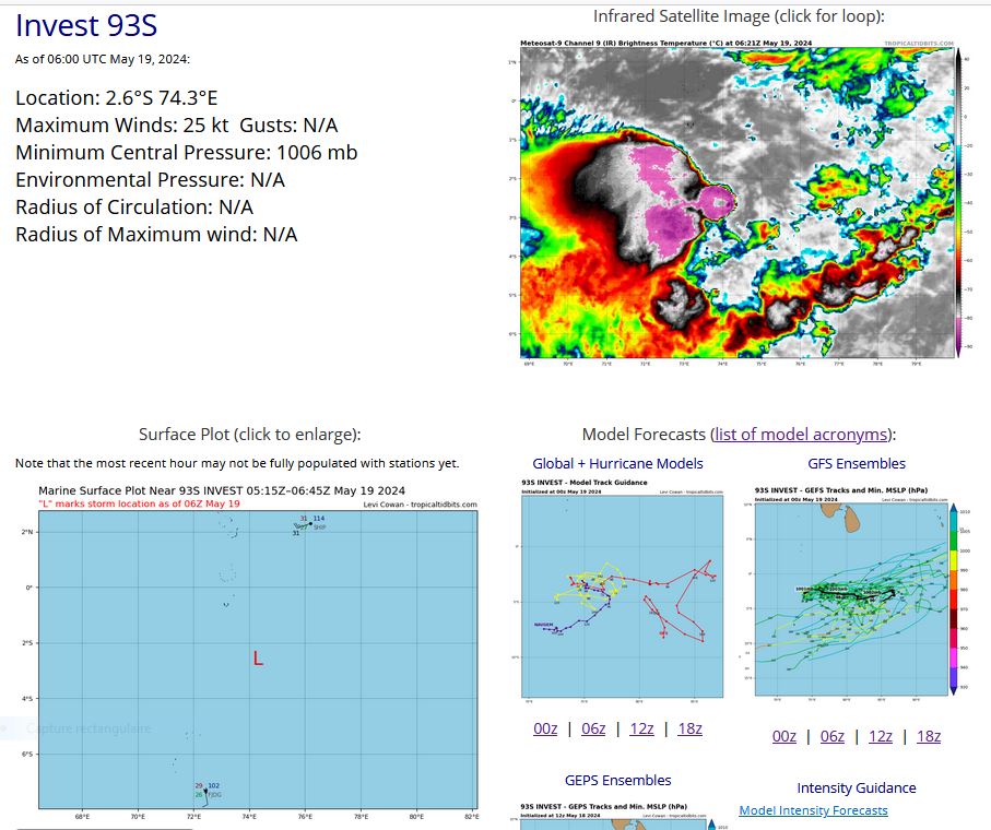THE AREA OF CONVECTION (INVEST 93S) PREVIOUSLY LOCATED NEAR  1.9S 72.9E IS NOW LOCATED NEAR 2.6S 74.0E, APPROXIMATELY 303 NM NORTH- NORTHEAST OF DIEGO GARCIA. ANIMATED ENHANCED INFRARED (EIR) SATELLITE  IMAGERY AND AN 181323Z SSMIS 91GHZ IMAGE DEPICT A BROAD LOW LEVEL CLOSED  CIRCULATION (LLC) WITH FLARING DEEP CONVECTION SHEARED OVER THE  SOUTHWESTERN PERIPHERY OF THE LLC. AN 181622Z ASCAT-B PARTIAL IMAGE  INDICATES 25 TO 30 KNOT WESTERLIES ALONG THE NORTHWESTERN FLANK.  ENVIRONMENTAL ANALYSIS REVEALS AN UNFAVORABLE ENVIRONMENT FOR DEVELOPMENT  WITH HIGH (40-50KTS) VWS AND EASTERLY DIFFLUENT FLOW, OFFSET BY WARM SEA  SURFACE TEMPERATURES (29-30C). GLOBAL DETERMINISTIC MODELS ARE IN GOOD  AGREEMENT THAT INVEST 93S WILL CONTINUE TO STRENGTHEN OVER THE NEXT 24-48  HOURS AS IT TRACKS EASTWARD. MAXIMUM SUSTAINED SURFACE WINDS ARE  ESTIMATED AT 25 TO 30 KNOTS. MINIMUM SEA LEVEL PRESSURE IS ESTIMATED TO  BE NEAR 1005 MB. THE POTENTIAL FOR THE DEVELOPMENT OF A SIGNIFICANT  TROPICAL CYCLONE WITHIN THE NEXT 24 HOURS IS UPGRADED TO MEDIUM.       (2) NO OTHER SUSPECT AREAS.