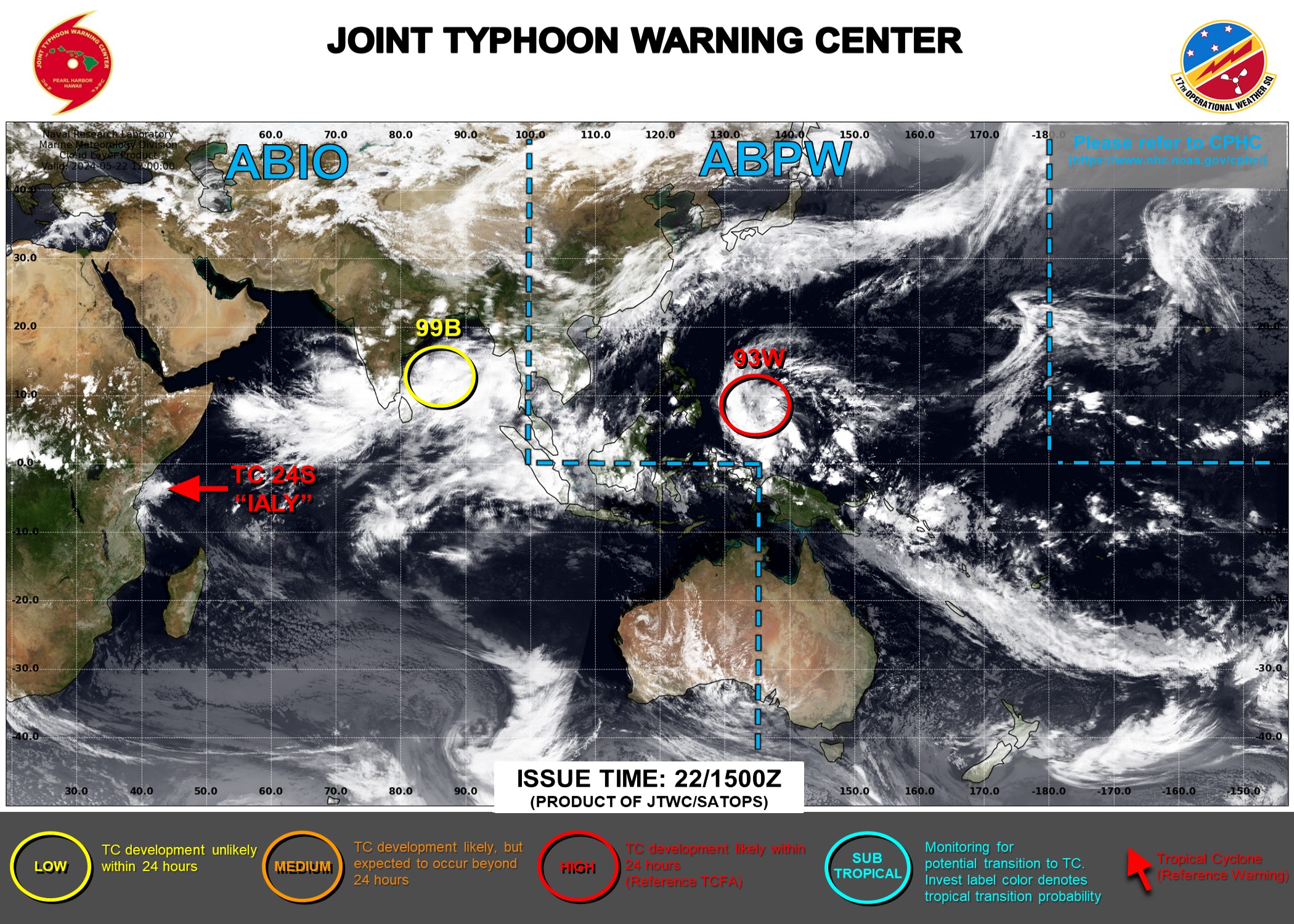 INVEST 93W TCFA// TC 24S(IALY) peaked at Typhoon Intensity//INVEST 99B//TC 25S short-lived//10 Day ECMWF Storm Tracks// 3 Week TC Formation Probability//2215utc 