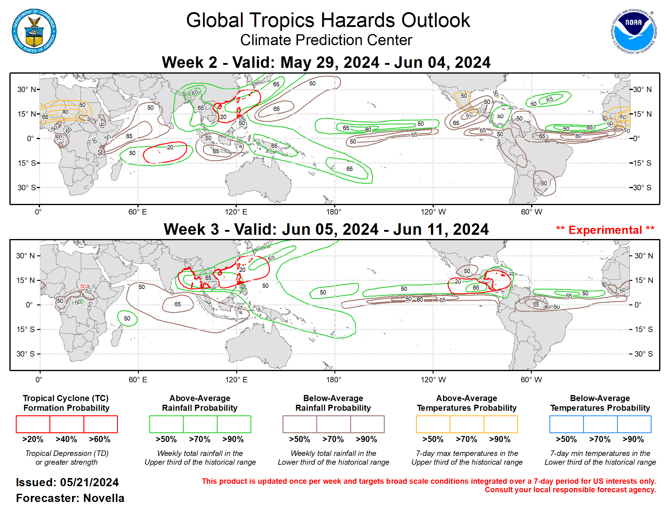 The precipitation outlook for weeks 2 and 3 are based on a historical skill weight blend of GEFS, CFSv2, ECCC, and ECMWF ensemble mean guidance, MJO composites, and anticipated TC tracks. For temperatures, pre-monsoonal heat is favored to persist across many parts of Sahelian and Saharan Africa where daytime highs may possibly exceed 110 degrees F in week-2 based on calibrated reforecast temperature tools. Excessive heat conditions may also persist over parts of southern Texas and Florida early in week-2. For hazardous weather conditions in your area during the next two weeks, please refer to your local NWS office, the Medium Range Hazards Forecast from the Weather Prediction Center (WPC), and the CPC Week-2 Hazards Outlook. Forecasts issued over Africa are made in coordination with the International Desk at CPC.