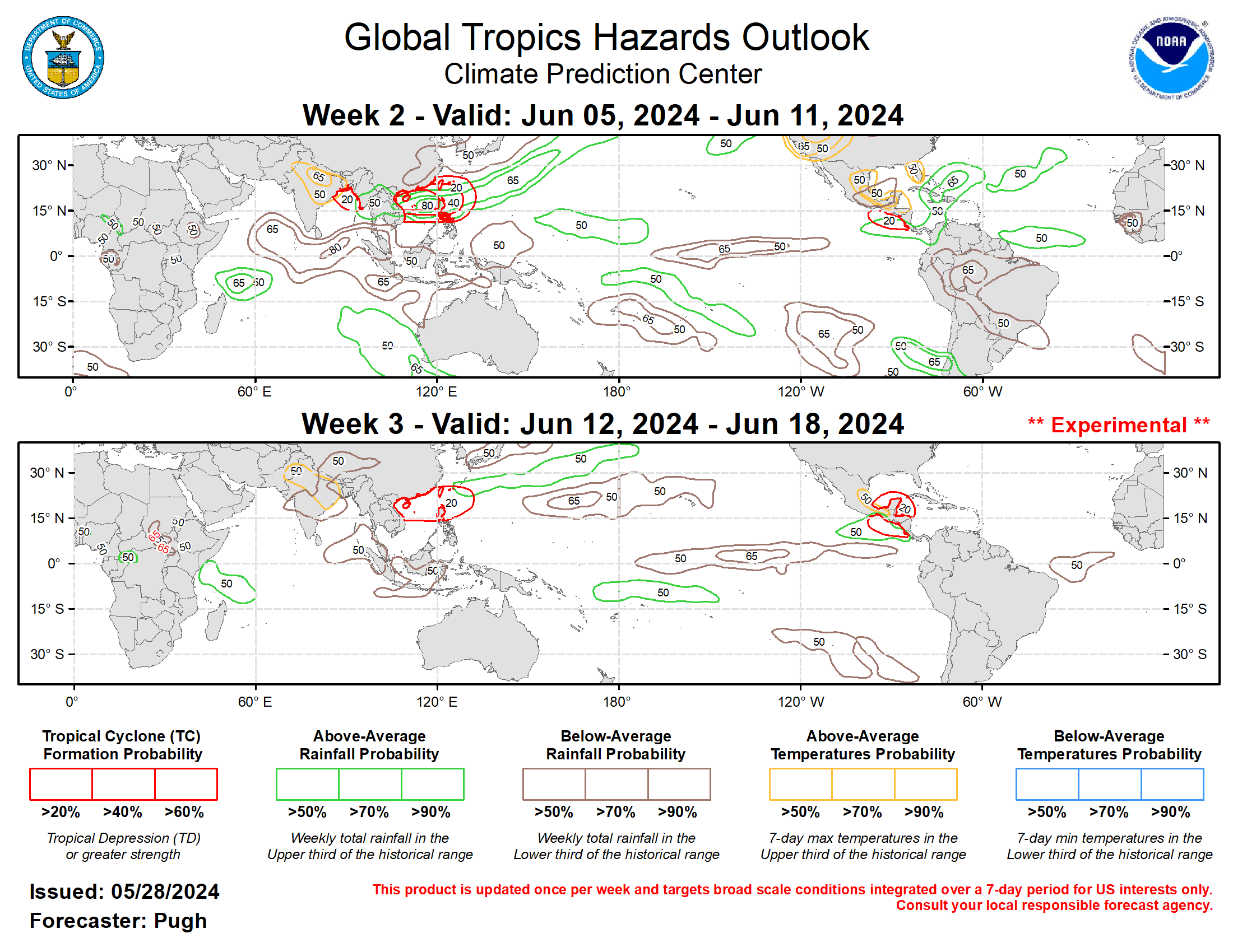 The precipitation outlook for weeks 2 and 3 are based on a historical skill weighted blend of the GEFS, CFS, ECCC, and ECMWF models along with considerations of MJO precipitation composites for phases 6, 7, and 8. During week-2 (June 5-11), an axis of increased above-average rainfall probabilities is forecast from Southeast Asia northeastward to the Northwest Pacific. Multiple TCs could be ongoing during this 7-day period across the South China Sea and northeast of the northern Philippines. Another favored area of above-average rainfall with probabilities exceeding 65 percent extends from eastern Cuba to the Bahamas. By week-3 (June 12-18), a drying trend compared to week-2 is anticipated for Southeast Asia.  Based on dynamical model output but also consistent with the MJO, increased above-average temperature probabilities are forecast for northern India and eastern Pakistan during weeks 2 and 3. Above-average temperatures are also strongly favored for western areas of the United States, Florida, southern Texas, and parts of Mexico to Central America during week-2.