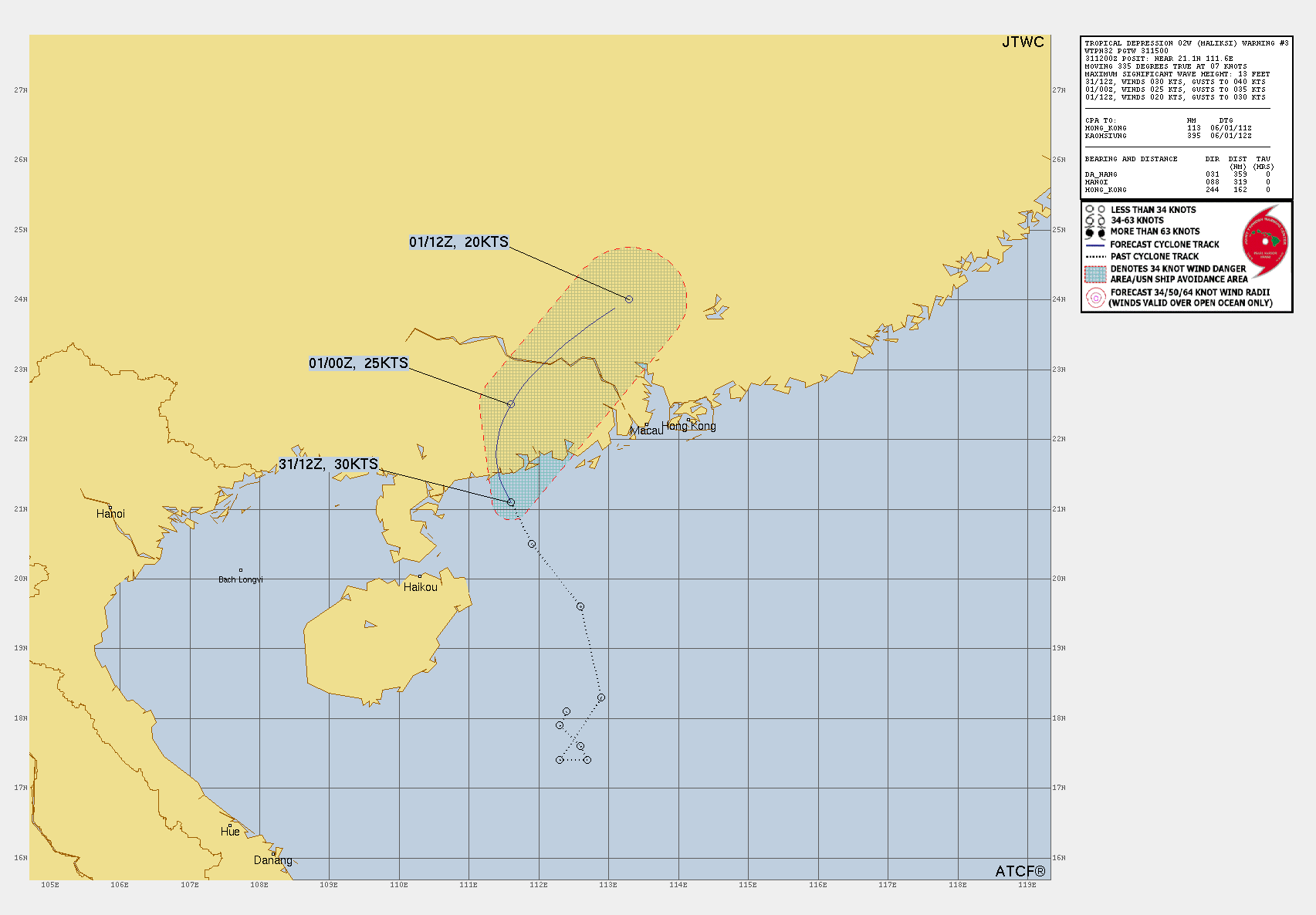 FORECAST REASONING.  SIGNIFICANT FORECAST CHANGES: THERE ARE NO SIGNIFICANT CHANGES TO THE FORECAST FROM THE PREVIOUS WARNING.  FORECAST DISCUSSION: TROPICAL DEPRESSION (TD) 02W (MALIKSI) WILL CONTINUE TO TRACK NORTH-NORTHWESTWARD OVER THE NEXT 12 HOURS, MAKING LANDFALL ALONG THE SOUTHERN CHINESE COAST WITHIN THE NEXT FEW HOURS. ELEVATED TERRAIN FEATURES NEAR THE ANTICIPATED LANDFALL POINT WILL LEAD TO THE SLOWDOWN IN THE TRACK SPEED AS THE SYSTEM BEGINS TO MOVE INLAND, WITH SOME MODELS SUGGESTING THE LLCC MAY GET STUCK ALONG THE COAST THROUGH TAU 12. BUT IN GENERAL, THE FORECAST CALLS FOR THE SYSTEM TO TURN MORE NORTH THEN NORTHEASTWARD AS THE STEERING RIDGE BUILDS OVER THE PHILIPPINES AND INTO THE SOUTH CHINA SEA. BY THE END OF THE SHORT FORECAST PERIOD, THE SYSTEM WILL BE TRACKING PARALLEL THE SOUTHEAST COAST OF CHINA, TURNING ONTO A MORE EASTWARD TRACK BEYOND TAU 24. DUE TO THE COOLING SSTS ALONG THE COAST, CONTINUED NORTHEASTERLY MID-LEVEL SHEAR AND THE LACK OF TIME OVER WATER, THE SYSTEM IS NOT EXPECTED TO INTENSIFY PRIOR TO LANDFALL. CONSISTENT WITH THE PREVIOUS FORECAST, IT IS POSSIBLE THAT POCKETS OF GALE-FORCE WINDS MAY DEVELOP IN THE SOUTHEASTERN QUADRANT IN THE ENHANCED GRADIENT AS THE STR BUILDS INTO THE SOUTH CHINA SEA. ONCE THE SYSTEM MAKES LANDFALL, EVEN IF IT STALLS ALONG THE COAST, FRICTIONAL EFFECTS WILL SERVE TO RAPIDLY AND WEAKEN AND DISSIPATE THE VORTEX BY TAU 24.