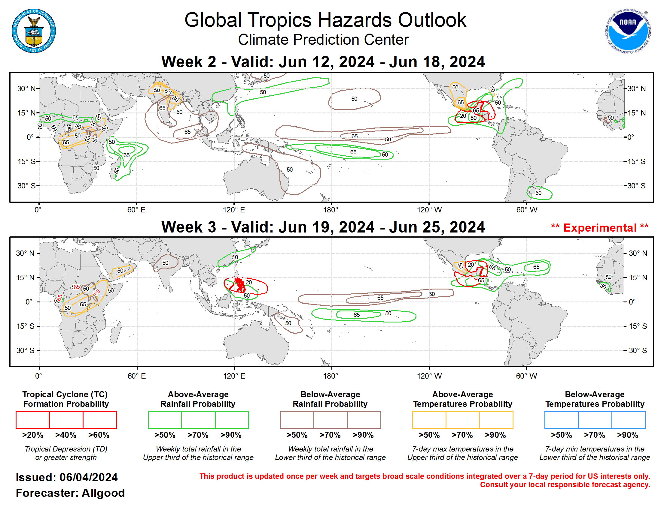 Forecasts for above- and below-average precipitation are based on the low frequency signals, a potential for weak MJO activity crossing the Pacific and Western Hemisphere, and a skill-weighted consensus of dynamical model guidance, including the GEFS, ECMWF, CFS, and EC model systems. Unusually strong low-level westerly wind anomalies are favored for the far East Pacific, which, on top of an active CAG, may promote heavy to excessive rainfall across portions of Central America, particularly across western Guatemala, El Salvador, and Nicaragua. These enhanced westerlies are favored to persist throughout the outlook period, which increases the potential for flooding. In contrast, drier than average conditions are favored to continue across South Asia, maintaining a regime of excessive heat across portions of India. Increased monsoon rainfall may overspread southern India during Week-3.