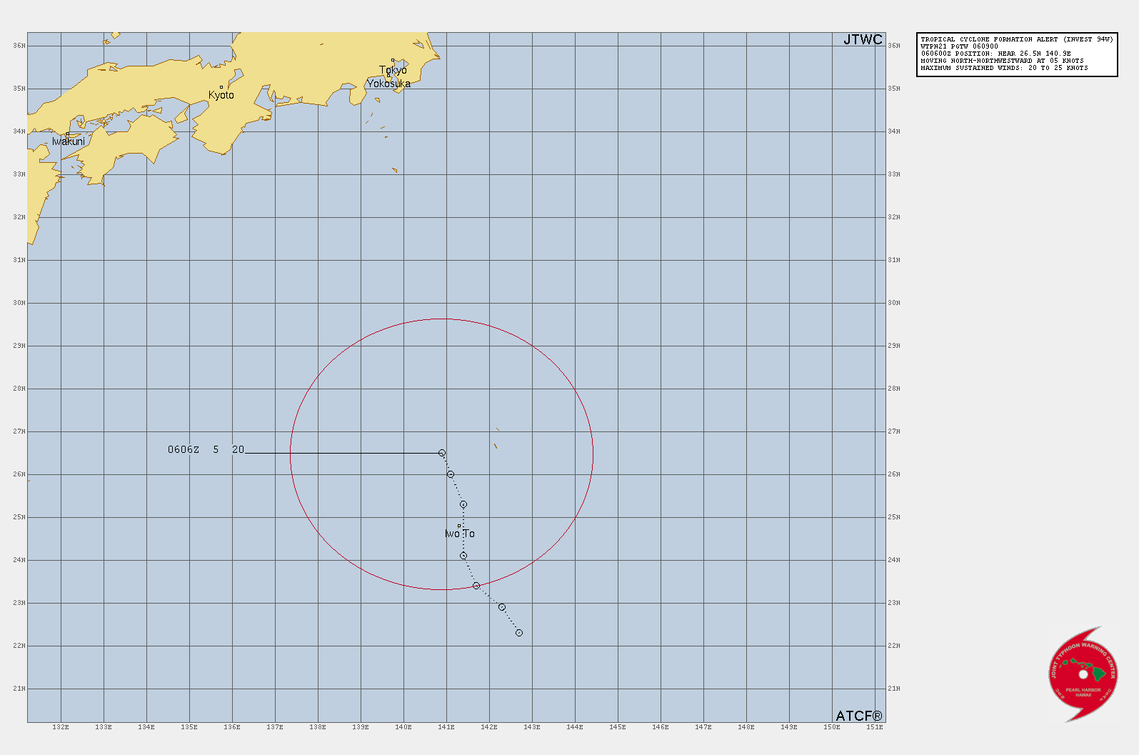 THE AREA OF CONVECTION (INVEST 94W) PREVIOUSLY LOCATED  NEAR 26.3N 141.2E IS NOW LOCATED NEAR 26.5N 140.9E, APPROXIMATELY 106  NM NORTH-NORTHWEST OF IWO-TO. THIS DISTURBANCE IS LOCATED ALONG THE  EASTERN PERIPHERY OF THE MONSOON GYRE. ANIMATED MULTISPECTRAL  SATELLITE IMAGERY DEPICTS A CONSOLIDATING LOW-LEVEL CIRCULATION  (LLC), WITH IMPROVED CONVECTIVE BANDING WRAPPING INTO THE CENTER. A  060601Z TMS (TROPICS) 91 GHZ MICROWAVE IMAGE REVEALS CURVED DEEP  CONVECTIVE BANDING OVER THE SOUTHERN SEMICIRCLE OF THE LLC. SURFACE  WINDS FROM IWO-TO INDICATE STEADY WEST-SOUTHERLY SUSTAINED WINDS AT  10-15 KNOTS WITH A SLP VALUE NEAR 1001 MB AND A 2 MB SLP DECREASE  OVER THE PAST 24 HOURS. ENVIRONMENTAL CONDITIONS ARE FAVORABLE WITH  RADIAL OUTFLOW AND LOW VERTICAL WIND SHEAR. GLOBAL MODELS INDICATE A  SLOW NORTHWARD TRACK WITH STEADY CONSOLIDATION OVER THE NEXT TWO DAYS  AS THE SYSTEM TRACKS ALONG THE EASTERN PERIPHERY OF THE MONSOON GYRE.  MAXIMUM SUSTAINED SURFACE WINDS ARE ESTIMATED AT 20 TO 25 KNOTS.  MINIMUM SEA LEVEL PRESSURE IS ESTIMATED TO BE NEAR 1000 MB. THE  POTENTIAL FOR THE DEVELOPMENT OF A SIGNIFICANT TROPICAL CYCLONE  WITHIN THE NEXT 24 HOURS IS UPGRADED TO HIGH. THE AREA OF CONVECTION (INVEST 94W) PREVIOUSLY LOCATED  NEAR 26.3N 141.2E IS NOW LOCATED NEAR 26.5N 140.9E, APPROXIMATELY 106  NM NORTH-NORTHWEST OF IWO-TO. THIS DISTURBANCE IS LOCATED ALONG THE  EASTERN PERIPHERY OF THE MONSOON GYRE. ANIMATED MULTISPECTRAL  SATELLITE IMAGERY DEPICTS A CONSOLIDATING LOW-LEVEL CIRCULATION  (LLC), WITH IMPROVED CONVECTIVE BANDING WRAPPING INTO THE CENTER. A  060601Z TMS (TROPICS) 91 GHZ MICROWAVE IMAGE REVEALS CURVED DEEP  CONVECTIVE BANDING OVER THE SOUTHERN SEMICIRCLE OF THE LLC. SURFACE  WINDS FROM IWO-TO INDICATE STEADY WEST-SOUTHERLY SUSTAINED WINDS AT  10-15 KNOTS WITH A SLP VALUE NEAR 1001 MB AND A 2 MB SLP DECREASE  OVER THE PAST 24 HOURS. ENVIRONMENTAL CONDITIONS ARE FAVORABLE WITH  RADIAL OUTFLOW AND LOW VERTICAL WIND SHEAR. GLOBAL MODELS INDICATE A  SLOW NORTHWARD TRACK WITH STEADY CONSOLIDATION OVER THE NEXT TWO DAYS  AS THE SYSTEM TRACKS ALONG THE EASTERN PERIPHERY OF THE MONSOON GYRE.  MAXIMUM SUSTAINED SURFACE WINDS ARE ESTIMATED AT 20 TO 25 KNOTS.  MINIMUM SEA LEVEL PRESSURE IS ESTIMATED TO BE NEAR 1000 MB. THE  POTENTIAL FOR THE DEVELOPMENT OF A SIGNIFICANT TROPICAL CYCLONE  WITHIN THE NEXT 24 HOURS IS UPGRADED TO HIGH.