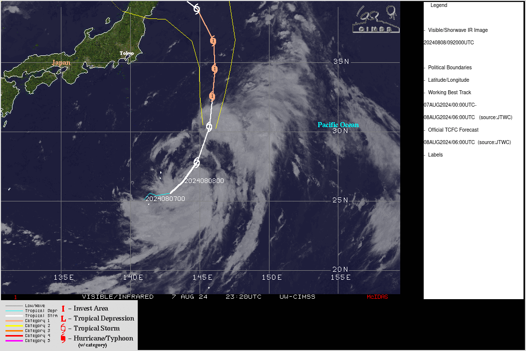 SATELLITE ANALYSIS, INITIAL POSITION AND INTENSITY DISCUSSION: TROPICAL STORM (TS) 06W (MARIA) CONTINUES TO SLOWLY INTENSIFY WHILE TRACKING POLEWARD TO THE NORTHEAST OF IWO TO. ANIMATED MULTISPECTRAL SATELLITE IMAGERY (MSI) DEPICTS A COMPACT SYSTEM, WITH WELL-DEFINED LOW-LEVEL BANDING FEATURES WRAPPING INTO AN OBSCURED LOW LEVEL CIRCULATION CENTER (LLCC). DEEP CONVECTIVE CELLS (HOT TOWERS) CAN BE SEEN DEVELOPING ON THE SOUTHERN PERIPHERY AND WRAPPING UP THE EASTERN SIDE OF THE CIRCULATION, BUT HAVE NOT YET BEEN ABLE TO COMPLETELY ENCIRCLE THE SMALL CORE VORTEX. THE LACK OF ANY SIGNIFICANT CONVECTIVE ACTIVITY AND RELATIVELY CLEAR AIR BETRAYS THE PRESENCE OF DRY AIR ACROSS THE MAJORITY OF THE WESTERN HEMISPHERE OF THE SYSTEM. A 080629Z SSMIS 91GHZ IMAGE SHOWS A SMALL INNER CORE, WITH DEEP CONVECTION ACROSS THE SOUTHERN SIDE OF THE VORTEX AND A LOW EMISSIVITY REGION SUGGESTING A NASCENT MICROWAVE EYE. THE INITIAL POSITION IS PLACED WITH MEDIUM CONFIDENCE BASED ON ANALYSIS OF THE ANIMATED MSI AND THE AFOREMENTIONED MICROWAVE FIXES. THE INITIAL INTENSITY OF 50 KTS IS ASSESSED WITH HIGH CONFIDENCE BASED ON THE AGREEANCE OF ALL SUBJECTIVE AND OBJECTIVE INTENSITY ESTIMATES, WITH THE EXCEPTION OF THE SLIGHTLY HIGHER KNES DVORAK ESTIMATE OF T3.5. ANALYSIS REVEALS A SUPPORTIVE ENVIRONMENT, WITH LOW VWS, STRONG POLEWARD AND EQUATORWARD OUTFLOW AND WARM SSTS. THE SYSTEM IS CURRENTLY TRACKING NORTH-NORTHEASTWARD ALONG THE WESTERN SIDE OF A DEEP-LAYER SUBTROPICAL RIDGE (STR) TO THE EAST. SATELLITE ANALYSIS, INITIAL POSITION AND INTENSITY DISCUSSION: TROPICAL STORM (TS) 06W (MARIA) CONTINUES TO SLOWLY INTENSIFY WHILE TRACKING POLEWARD TO THE NORTHEAST OF IWO TO. ANIMATED MULTISPECTRAL SATELLITE IMAGERY (MSI) DEPICTS A COMPACT SYSTEM, WITH WELL-DEFINED LOW-LEVEL BANDING FEATURES WRAPPING INTO AN OBSCURED LOW LEVEL CIRCULATION CENTER (LLCC). DEEP CONVECTIVE CELLS (HOT TOWERS) CAN BE SEEN DEVELOPING ON THE SOUTHERN PERIPHERY AND WRAPPING UP THE EASTERN SIDE OF THE CIRCULATION, BUT HAVE NOT YET BEEN ABLE TO COMPLETELY ENCIRCLE THE SMALL CORE VORTEX. THE LACK OF ANY SIGNIFICANT CONVECTIVE ACTIVITY AND RELATIVELY CLEAR AIR BETRAYS THE PRESENCE OF DRY AIR ACROSS THE MAJORITY OF THE WESTERN HEMISPHERE OF THE SYSTEM. A 080629Z SSMIS 91GHZ IMAGE SHOWS A SMALL INNER CORE, WITH DEEP CONVECTION ACROSS THE SOUTHERN SIDE OF THE VORTEX AND A LOW EMISSIVITY REGION SUGGESTING A NASCENT MICROWAVE EYE. THE INITIAL POSITION IS PLACED WITH MEDIUM CONFIDENCE BASED ON ANALYSIS OF THE ANIMATED MSI AND THE AFOREMENTIONED MICROWAVE FIXES. THE INITIAL INTENSITY OF 50 KTS IS ASSESSED WITH HIGH CONFIDENCE BASED ON THE AGREEANCE OF ALL SUBJECTIVE AND OBJECTIVE INTENSITY ESTIMATES, WITH THE EXCEPTION OF THE SLIGHTLY HIGHER KNES DVORAK ESTIMATE OF T3.5. ANALYSIS REVEALS A SUPPORTIVE ENVIRONMENT, WITH LOW VWS, STRONG POLEWARD AND EQUATORWARD OUTFLOW AND WARM SSTS. THE SYSTEM IS CURRENTLY TRACKING NORTH-NORTHEASTWARD ALONG THE WESTERN SIDE OF A DEEP-LAYER SUBTROPICAL RIDGE (STR) TO THE EAST.