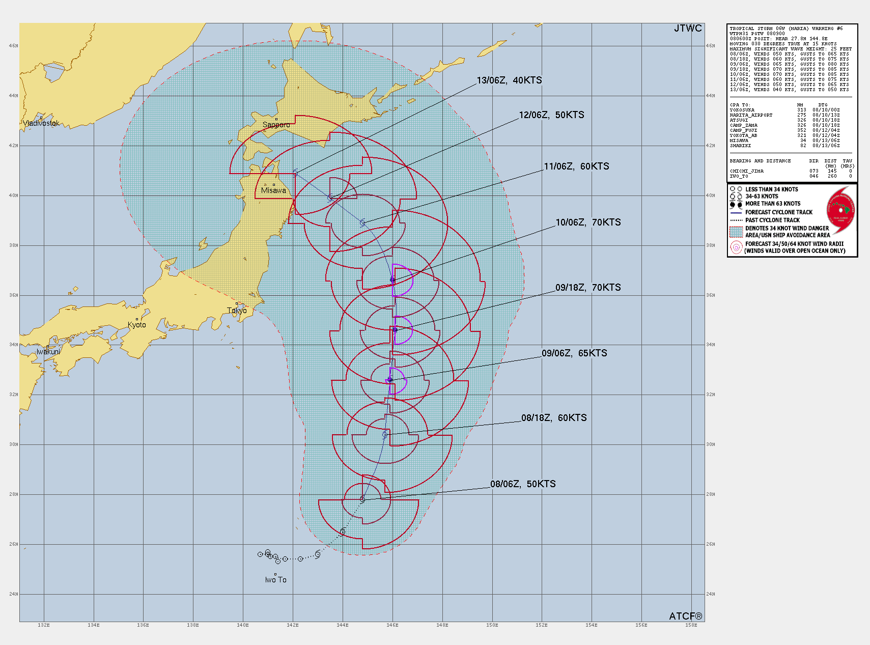 FORECAST REASONING.  SIGNIFICANT FORECAST CHANGES: THERE ARE NO SIGNIFICANT CHANGES TO THE FORECAST FROM THE PREVIOUS WARNING.  FORECAST DISCUSSION: TS 06W IS FORECAST TO CONTINUE TRACKING NORTH-NORTHEASTWARD ALONG THE WESTERN SIDE OF THE STR FOR THE NEXT 24 HOURS, BEFORE IT TURNS DUE NORTH AS THE RIDGE PATTERN REORIENTS SLIGHTLY. AN APPROACHING MID-LATITUDE TROUGH, MOVING IN RAPIDLY FROM THE WEST, WILL BREAK DOWN THE RIDGE PATTERN TO THE NORTH AND ALLOW TS 09W TO MAINTAIN A FAIR AMOUNT OF SPEED HEADING NORTHWARD THROUGH TAU 48. HOWEVER, THE TROUGH IS EXPECTED TO START TO FILL AS A ASSOCIATED JET MAX MOVES DOWNSTREAM. THIS WILL CREATE A COL-REGION DUE NORTH OF TS 09W, AND A GENERAL WEAKENING OF THE STEERING PATTERN, ALLOWING THE SYSTEM TO BEGIN SLOWING DOWN AFTER ABOUT TAU 60. THE FILLING TROUGH WILL NOT BE STRONG ENOUGH TO SEDUCE TS 09W POLEWARD BUT THE POST-TROUGH DEEP-LAYER RIDGE WHICH IS EXPECTED TO DEVELOP IN THE SEA OF JAPAN (SOJ) WILL BE. AS THE SOJ RIDGE SLIDES EASTWARD, IT IS EXPECTED TO BUILD ACROSS HOKKAIDO AND CONNECT WITH A LARGE STR POSITIONED NEAR 40N 170E. THIS WILL HAVE THE EFFECT OF BOTH SLOWING TS 09W AND TURNING IT ONTO A MORE WEST-NORTHWESTWARD TRACK AFTER TAU 72. SIGNIFICANT UNCERTAINTY EXISTS IN THE POTENTIAL TRACK OF TS 06W AS GLOBAL MODELS ARE SPLIT BETWEEN A DUE WEST TRACK AND A VERY FAST NORTHEASTWARD TRACK. IN TERMS OF INTENSITY, THE ENVIRONMENT IS OVERALL FAVORABLE FOR INTENSIFICATION, THOUGH THE PROBABILITY OF RAPID INTENSIFICATION HAS LOWERED SINCE THE PREVIOUS RUN. THERE REMAINS THE ISSUE OF THE DRY AIR TO THE WEST AND VORTEX CONSOLIDATION, WHICH IS STILL OCCURRING. THE FORECAST CALLS FOR STEADY, BUT NOT RAPID, INTENSIFICATION TO A PEAK OF 70 KNOTS BY TAU 36, FOLLOWED BY STEADY WEAKENING AS THE SYSTEM MOVES OVER COOLER WATERS, UPPER-LEVEL FLOW BECOMES CONVERGENT OR WEAK AND DRY AIR MOVES IN TO ENCIRCLE THE CORE. FORECAST REASONING.  SIGNIFICANT FORECAST CHANGES: THERE ARE NO SIGNIFICANT CHANGES TO THE FORECAST FROM THE PREVIOUS WARNING.  FORECAST DISCUSSION: TS 06W IS FORECAST TO CONTINUE TRACKING NORTH-NORTHEASTWARD ALONG THE WESTERN SIDE OF THE STR FOR THE NEXT 24 HOURS, BEFORE IT TURNS DUE NORTH AS THE RIDGE PATTERN REORIENTS SLIGHTLY. AN APPROACHING MID-LATITUDE TROUGH, MOVING IN RAPIDLY FROM THE WEST, WILL BREAK DOWN THE RIDGE PATTERN TO THE NORTH AND ALLOW TS 09W TO MAINTAIN A FAIR AMOUNT OF SPEED HEADING NORTHWARD THROUGH TAU 48. HOWEVER, THE TROUGH IS EXPECTED TO START TO FILL AS A ASSOCIATED JET MAX MOVES DOWNSTREAM. THIS WILL CREATE A COL-REGION DUE NORTH OF TS 09W, AND A GENERAL WEAKENING OF THE STEERING PATTERN, ALLOWING THE SYSTEM TO BEGIN SLOWING DOWN AFTER ABOUT TAU 60. THE FILLING TROUGH WILL NOT BE STRONG ENOUGH TO SEDUCE TS 09W POLEWARD BUT THE POST-TROUGH DEEP-LAYER RIDGE WHICH IS EXPECTED TO DEVELOP IN THE SEA OF JAPAN (SOJ) WILL BE. AS THE SOJ RIDGE SLIDES EASTWARD, IT IS EXPECTED TO BUILD ACROSS HOKKAIDO AND CONNECT WITH A LARGE STR POSITIONED NEAR 40N 170E. THIS WILL HAVE THE EFFECT OF BOTH SLOWING TS 09W AND TURNING IT ONTO A MORE WEST-NORTHWESTWARD TRACK AFTER TAU 72. SIGNIFICANT UNCERTAINTY EXISTS IN THE POTENTIAL TRACK OF TS 06W AS GLOBAL MODELS ARE SPLIT BETWEEN A DUE WEST TRACK AND A VERY FAST NORTHEASTWARD TRACK. IN TERMS OF INTENSITY, THE ENVIRONMENT IS OVERALL FAVORABLE FOR INTENSIFICATION, THOUGH THE PROBABILITY OF RAPID INTENSIFICATION HAS LOWERED SINCE THE PREVIOUS RUN. THERE REMAINS THE ISSUE OF THE DRY AIR TO THE WEST AND VORTEX CONSOLIDATION, WHICH IS STILL OCCURRING. THE FORECAST CALLS FOR STEADY, BUT NOT RAPID, INTENSIFICATION TO A PEAK OF 70 KNOTS BY TAU 36, FOLLOWED BY STEADY WEAKENING AS THE SYSTEM MOVES OVER COOLER WATERS, UPPER-LEVEL FLOW BECOMES CONVERGENT OR WEAK AND DRY AIR MOVES IN TO ENCIRCLE THE CORE.