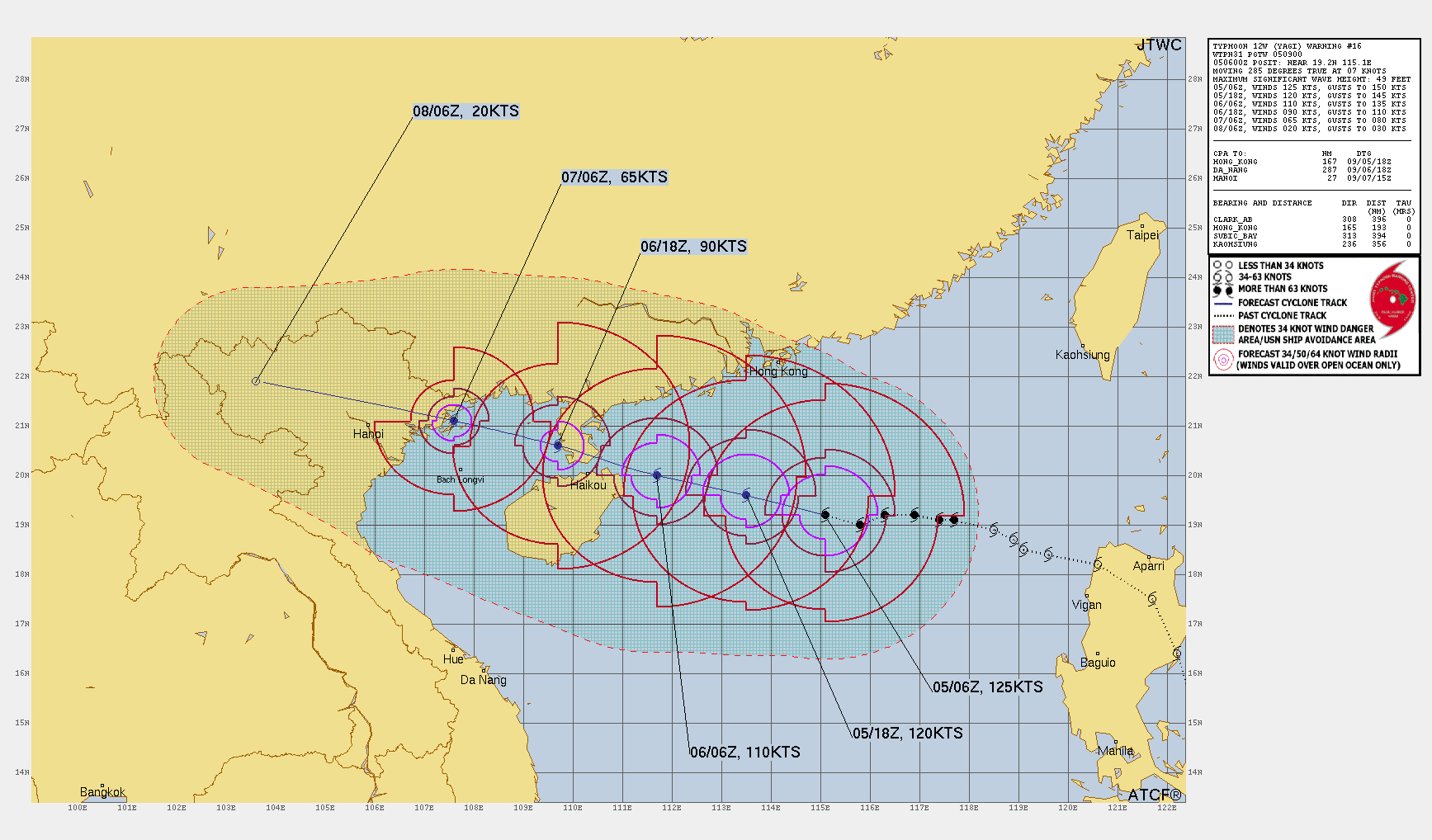 FORECAST REASONING.  SIGNIFICANT FORECAST CHANGES: THERE ARE NO SIGNIFICANT CHANGES TO THE FORECAST FROM THE PREVIOUS WARNING.  FORECAST DISCUSSION: TYPHOON 12W PEAKED AT ABOUT 135-140 KNOTS NEAR 042100Z AS REFLECTED IN EARLIER SAR DATA BUT HAS SUBSEQUENTLY WEAKENED DUE TO THE ONGOING ERC. WHILE ENVIRONMENTAL CONDITIONS REMAIN FAVORABLE OVER THE NEXT 12 HOURS, SOME RE-INTENSIFICATION IS POSSIBLE AFTER THE ERC COMPLETES. AFTER TAU 12, THE SYSTEM WILL TRACK WESTWARD APPROACHING HAINAN ISLAND, WITH A MORE PRONOUNCED WEAKENING TREND DUE TO INTERACTION WITH LAND. AFTER TAU 24, RAPID WEAKENING WILL OCCUR AS THE SYSTEM TRACKS OVER SOUTHERN CHINA AND NORTHERN VIETNAM, WITH LANDFALL EXPECTED NEAR TAU 48. AS THE SYSTEM TRACKS INTO THE RUGGED TERRAIN OF NORTHERN VIETNAM, IT WILL DISSIPATE BY TAU 72. FORECAST REASONING.  SIGNIFICANT FORECAST CHANGES: THERE ARE NO SIGNIFICANT CHANGES TO THE FORECAST FROM THE PREVIOUS WARNING.  FORECAST DISCUSSION: TYPHOON 12W PEAKED AT ABOUT 135-140 KNOTS NEAR 042100Z AS REFLECTED IN EARLIER SAR DATA BUT HAS SUBSEQUENTLY WEAKENED DUE TO THE ONGOING ERC. WHILE ENVIRONMENTAL CONDITIONS REMAIN FAVORABLE OVER THE NEXT 12 HOURS, SOME RE-INTENSIFICATION IS POSSIBLE AFTER THE ERC COMPLETES. AFTER TAU 12, THE SYSTEM WILL TRACK WESTWARD APPROACHING HAINAN ISLAND, WITH A MORE PRONOUNCED WEAKENING TREND DUE TO INTERACTION WITH LAND. AFTER TAU 24, RAPID WEAKENING WILL OCCUR AS THE SYSTEM TRACKS OVER SOUTHERN CHINA AND NORTHERN VIETNAM, WITH LANDFALL EXPECTED NEAR TAU 48. AS THE SYSTEM TRACKS INTO THE RUGGED TERRAIN OF NORTHERN VIETNAM, IT WILL DISSIPATE BY TAU 72.