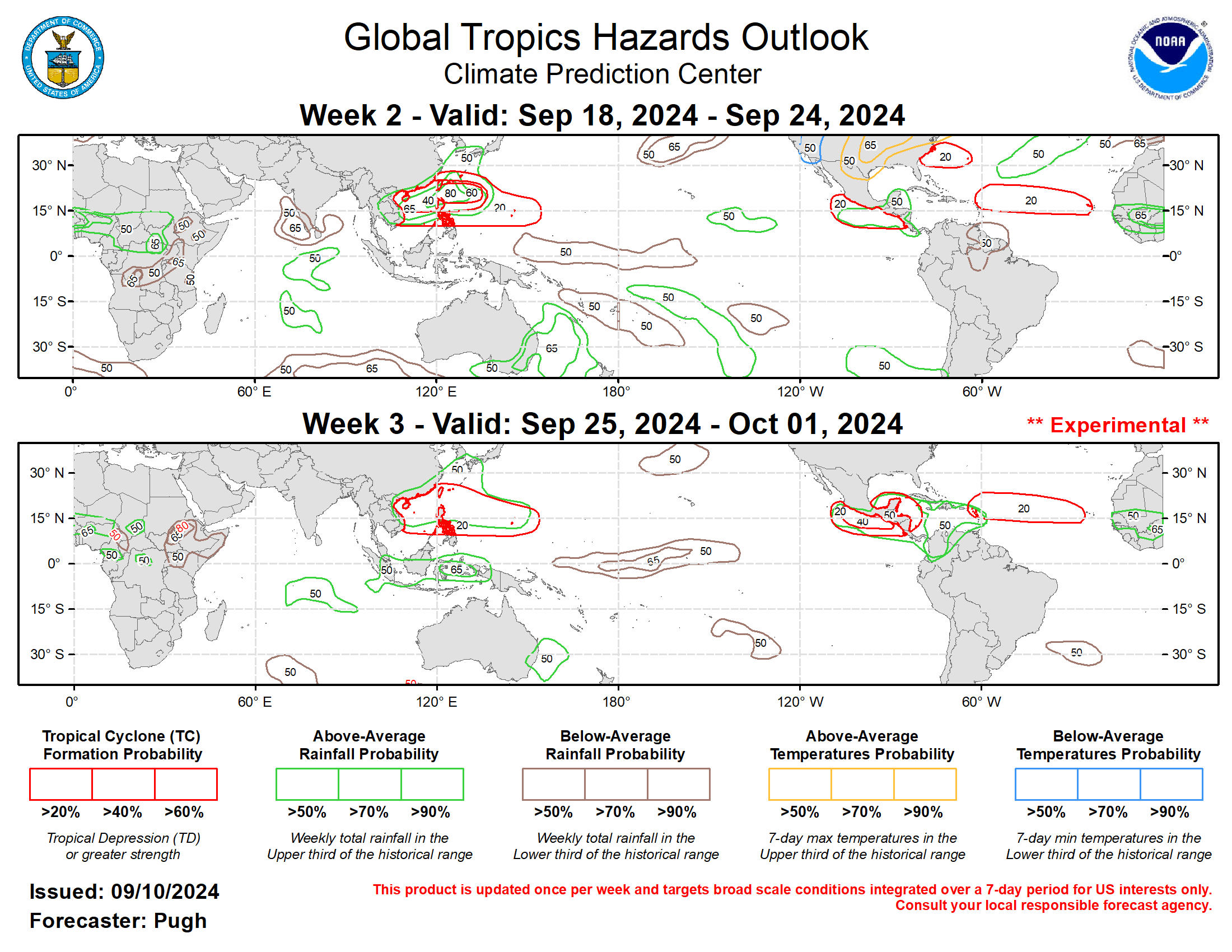 The precipitation outlook for weeks 2 and 3 was based on the historical skill weighted blend of the GEFS, CFS, ECCC along with MJO precipitation composites for phases 7, 8, and 1, and the low-frequency base state with enhanced (suppressed) rainfall over the Maritime Continent (equatorial Central Pacific). Since the MJO is expected to propagate eastward to the western Hemisphere, a trend towards wetter conditions is forecast for Central America and the Caribbean Sea region from weeks 2 to 3. The precipitation outlook for weeks 2 and 3 was based on the historical skill weighted blend of the GEFS, CFS, ECCC along with MJO precipitation composites for phases 7, 8, and 1, and the low-frequency base state with enhanced (suppressed) rainfall over the Maritime Continent (equatorial Central Pacific). Since the MJO is expected to propagate eastward to the western Hemisphere, a trend towards wetter conditions is forecast for Central America and the Caribbean Sea region from weeks 2 to 3.