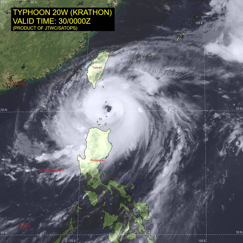 SATELLITE ANALYSIS, INITIAL POSITION AND INTENSITY DISCUSSION: ANIMATED MULTISPECTRAL SATELLITE IMAGERY (MSI) DEPICTS A CONSOLIDATED  AND WELL-ORGANIZED TYPHOON 20W (KRATHON) WITH A 20-NM DIAMETER EYE  THAT HAS SHRUNK BY 2 NM AND WARMED FROM 12 TO 17 DEGREES CELSIUS, DUE  TO COMPRESSIONAL WARMING OF THE SUBSIDING AIR, INDICATING STEADY  INTENSIFICATION. THE MSI LOOP ALSO SHOWS CONTINUED STRONG RADIAL  OUTFLOW WITH ASSOCIATED SPIRAL BANDS OF DEEP CONVECTION BECOMING MORE  COMPACT. THE INITIAL POSITION IS PLACED WITH HIGH CONFIDENCE BASED ON  BASED ON THE WELL-DEFINED EYE IN THE MSI LOOP THAT LINED UP WELL WITH   A MICROWAVE EYE IN THE 292138Z F17 SSMIS IMAGE SUITE. THE INITIAL  INTENSITY OF 115 KTS IS ASSESSED WITH HIGH CONFIDENCE BASED ON  CLOSELY-VALUED AGENCY AND AUTOMATED DVORAK FIXES, AS LISTED BELOW. SATELLITE ANALYSIS, INITIAL POSITION AND INTENSITY DISCUSSION: ANIMATED MULTISPECTRAL SATELLITE IMAGERY (MSI) DEPICTS A CONSOLIDATED  AND WELL-ORGANIZED TYPHOON 20W (KRATHON) WITH A 20-NM DIAMETER EYE  THAT HAS SHRUNK BY 2 NM AND WARMED FROM 12 TO 17 DEGREES CELSIUS, DUE  TO COMPRESSIONAL WARMING OF THE SUBSIDING AIR, INDICATING STEADY  INTENSIFICATION. THE MSI LOOP ALSO SHOWS CONTINUED STRONG RADIAL  OUTFLOW WITH ASSOCIATED SPIRAL BANDS OF DEEP CONVECTION BECOMING MORE  COMPACT. THE INITIAL POSITION IS PLACED WITH HIGH CONFIDENCE BASED ON  BASED ON THE WELL-DEFINED EYE IN THE MSI LOOP THAT LINED UP WELL WITH   A MICROWAVE EYE IN THE 292138Z F17 SSMIS IMAGE SUITE. THE INITIAL  INTENSITY OF 115 KTS IS ASSESSED WITH HIGH CONFIDENCE BASED ON  CLOSELY-VALUED AGENCY AND AUTOMATED DVORAK FIXES, AS LISTED BELOW.