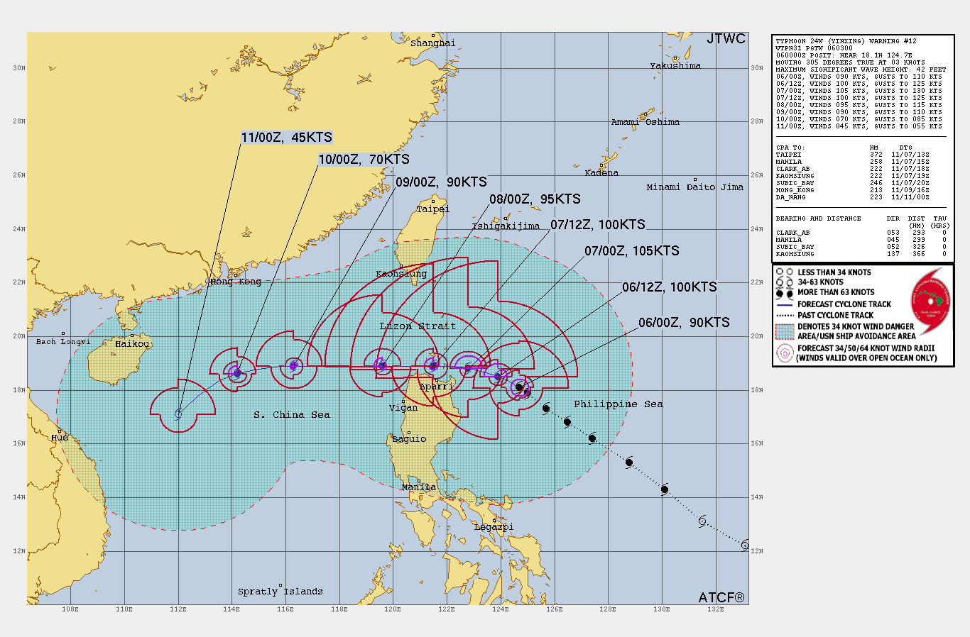 FORECAST REASONING.  SIGNIFICANT FORECAST CHANGES: THERE ARE NO SIGNIFICANT CHANGES TO THE FORECAST FROM THE PREVIOUS WARNING.  FORECAST DISCUSSION: TYPHOON YINXING WILL CONTINUE ON ITS CURRENT SLOW NORTHWESTWARD TRACK UP TO TAU 24; AFTERWARD, A SECONDARY STR BUILDING IN FROM THE WEST NEAR HAINAN WILL ASSUME STEERING AND DRIVE THE CYCLONE ON A MORE WESTWARD TRAJECTORY THROUGH THE LUZON STRAIT AND INTO THE SOUTH CHINA SEA (SCS). THE HIGHLY FAVORABLE ENVIRONMENT WILL PROMOTE INTENSIFICATION TO A PEAK OF 105KTS BY TAU 24 FUELED BY INCREASED POLEWARD OUTFLOW ENHANCED BY THE SOUTHWESTERLY  JETS JUST TO THE NORTH AND AHEAD OF A TRANSITING MID-LATITUDE TROUGH.  AFTERWARD, THE RELATIVE VWS WILL INCREASE, SST AND OHC VALUES DECREASE  IN THE WAKE OF A PREVIOUS CYCLONE (23W), INTERACTION WITH LUZON, THEN  THE DRIFT INTO A COLD NORTHEASTERLY SURGE IN THE SCS WILL SLOWLY THEN  RAPIDLY ERODE THE SYSTEM DOWN TO 45KTS BY TAU 120. MODEL DISCUSSION:  NUMERICAL MODELS ARE IN VERY TIGHT AGREEMENT WITH AN EVEN ACROSS-TRACK  SPREAD TO A MERE 78NM BY TAU 72; AFTERWARD, THE MODELS SPREAD OUT TO  285NM AT TAU 120, LENDING HIGH CONFIDENCE UP TO TAU 72, THEN LOW  CONFIDENCE AFTERWARD, TO THE JTWC TRACK FORECAST. THERE IS MEDIUM  CONFIDENCE TO THE INTENSITY FORECAST UP TO TAU 72, THEN LOW CONFIDENCE  AFTERWARD.