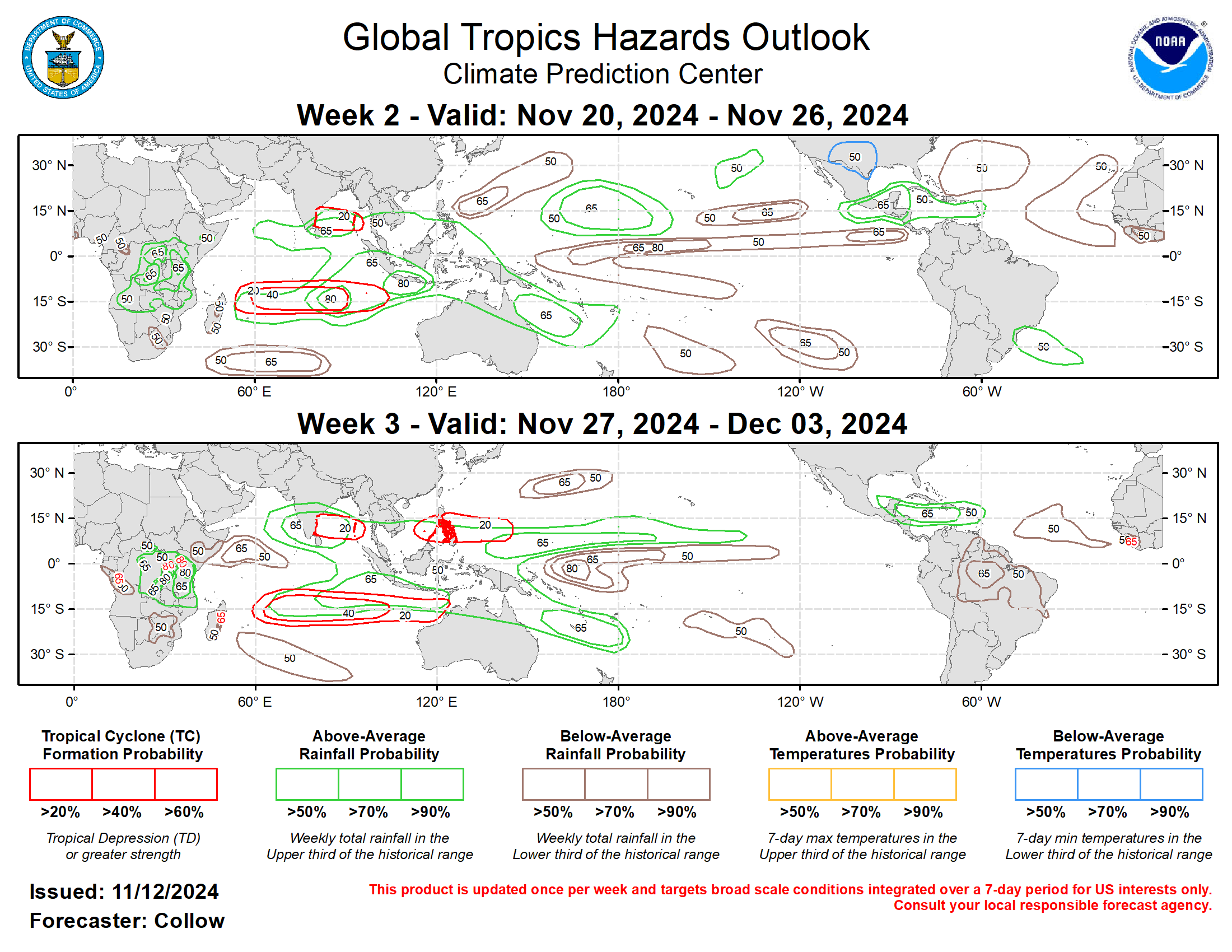 Forecasts for above- and below-average rainfall during Weeks 2 and 3 are based on historical composites of Indian Ocean and Maritime Continent MJO events, a low frequency state leaning towards La Niña, and a skill-weighted consolidated blend of dynamical model guidance. Above-normal rainfall is forecast across much of the Indian Ocean and Maritime Continent during both periods, and spreading more into the Western Pacific by week-3. Below-normal rainfall is indicated across the equatorial and eastern Pacific tied to the suppressed phase of the MJO. Above-normal rainfall remains forecast across Central America and the Caribbean. Below-normal temperatures are favored across parts of the southwestern U.S. and the Southern Plains.