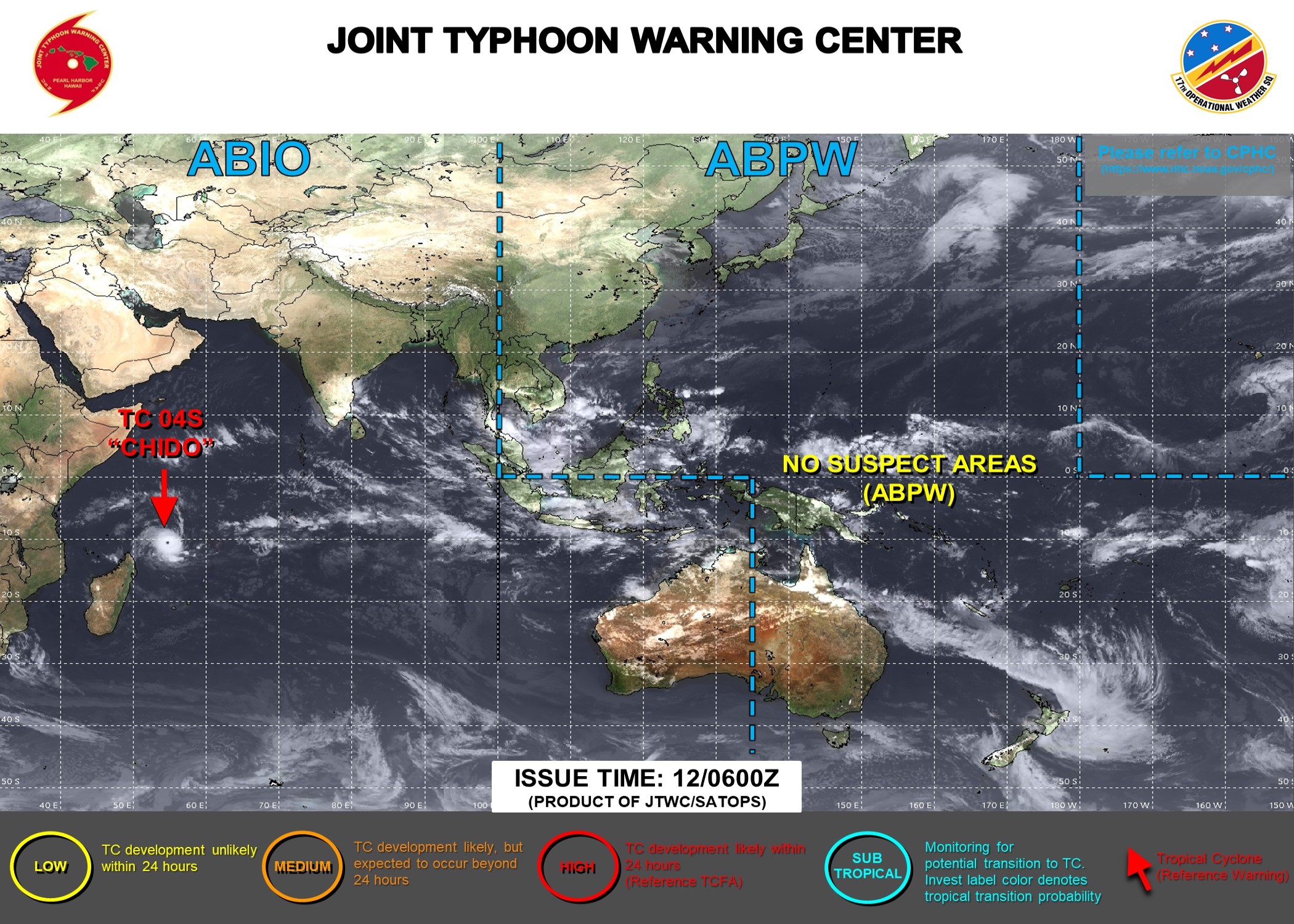 JTWC IS ISSUING 6HOURLY WARNINGS AND 3HOURLY SATELLITE BULLETINS ON 04S(CHIDO). 3HOURLY SATELLITE BULLETINS ARE ISSUED ON 90B AND 93S. JTWC IS ISSUING 6HOURLY WARNINGS AND 3HOURLY SATELLITE BULLETINS ON 04S(CHIDO). 3HOURLY SATELLITE BULLETINS ARE ISSUED ON 90B AND 93S.