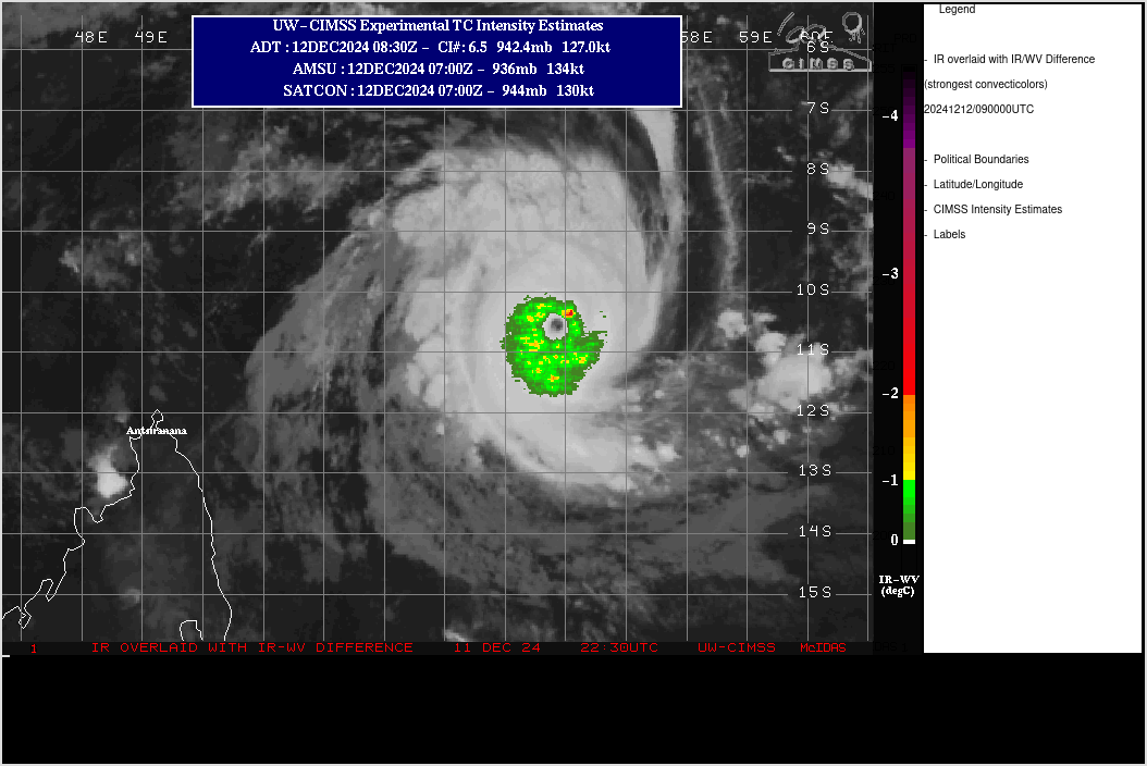 SATELLITE ANALYSIS, INITIAL POSITION AND INTENSITY DISCUSSION: TROPICAL CYCLONE (TC) 04S (CHIDO) HAS BEEN OBSERVED TO UNDERGO EXTREME RAPID INTENSIFICATION OVER THE PREVIOUS 24 HOURS, INCREASING FROM AN INTENSITY OF 75 KTS TO 135 KTS OVER THE LAST DAY. ANIMATED ENHANCED INFRARED (EIR) SATELLITE IMAGERY DEPICTS AN IMPRESSIVE CYCLONE, WITH A 12 NM WIDE EYE-FEATURE, SURROUNDED BY CONTINUOUS DEEP CONVECTION WRAPPING VERY TIGHTLY AROUND THE LOW-LEVEL CIRCULATION CENTER (LLCC). EIR IMAGERY HAS CONTINUED TO SHOW A VERY SYMMETRIC AND MODERATELY SIZED TC, WITH MINIMAL CONVECTIVE BANDS OUTSIDE OF THE TIGHTLY WRAPPED STRUCTURE. ON ANIMATED WATER VAPOR (WV) IMAGERY, STRONG RADIAL OUTFLOW ALOFT HAS  BEEN OBSERVED OVER THE LAST 12 HOURS, CHARACTERIZED BY VISIBLE  CIRRIFORM STRIATIONS BURSTING OUTWARD FROM THE IMMEDIATE CENTER. WITH  REGARD TO THE ENVIRONMENT, VERTICAL WIND SHEAR (VWS) HAS REMAINED LOW  (10-15 KTS) OVER THE PREVIOUS SIX HOURS, WHILE SEA SURFACE  TEMPERATURES (SST) MAINTAIN A SUPPORTIVE 27-28 C. THE INITIAL  POSITION IS PLACED WITH HIGH CONFIDENCE BASED ON THE WELL-DEFINED AND  OBSERVABLE EYE-FEATURE ON ANIMATED EIR IMAGERY. THE INITIAL INTENSITY  IS ASSESSED WITH MEDIUM CONFIDENCE BASED ON SUBJECTIVE AGENCY  ESTIMATES RANGING BETWEEN 127 KTS AND 140 KTS, WHILE CIMSS OBJECTIVE  ESTIMATES HAVE SHOWN A CEILING OF 136 KTS AT 120600Z. SATELLITE ANALYSIS, INITIAL POSITION AND INTENSITY DISCUSSION: TROPICAL CYCLONE (TC) 04S (CHIDO) HAS BEEN OBSERVED TO UNDERGO EXTREME RAPID INTENSIFICATION OVER THE PREVIOUS 24 HOURS, INCREASING FROM AN INTENSITY OF 75 KTS TO 135 KTS OVER THE LAST DAY. ANIMATED ENHANCED INFRARED (EIR) SATELLITE IMAGERY DEPICTS AN IMPRESSIVE CYCLONE, WITH A 12 NM WIDE EYE-FEATURE, SURROUNDED BY CONTINUOUS DEEP CONVECTION WRAPPING VERY TIGHTLY AROUND THE LOW-LEVEL CIRCULATION CENTER (LLCC). EIR IMAGERY HAS CONTINUED TO SHOW A VERY SYMMETRIC AND MODERATELY SIZED TC, WITH MINIMAL CONVECTIVE BANDS OUTSIDE OF THE TIGHTLY WRAPPED STRUCTURE. ON ANIMATED WATER VAPOR (WV) IMAGERY, STRONG RADIAL OUTFLOW ALOFT HAS  BEEN OBSERVED OVER THE LAST 12 HOURS, CHARACTERIZED BY VISIBLE  CIRRIFORM STRIATIONS BURSTING OUTWARD FROM THE IMMEDIATE CENTER. WITH  REGARD TO THE ENVIRONMENT, VERTICAL WIND SHEAR (VWS) HAS REMAINED LOW  (10-15 KTS) OVER THE PREVIOUS SIX HOURS, WHILE SEA SURFACE  TEMPERATURES (SST) MAINTAIN A SUPPORTIVE 27-28 C. THE INITIAL  POSITION IS PLACED WITH HIGH CONFIDENCE BASED ON THE WELL-DEFINED AND  OBSERVABLE EYE-FEATURE ON ANIMATED EIR IMAGERY. THE INITIAL INTENSITY  IS ASSESSED WITH MEDIUM CONFIDENCE BASED ON SUBJECTIVE AGENCY  ESTIMATES RANGING BETWEEN 127 KTS AND 140 KTS, WHILE CIMSS OBJECTIVE  ESTIMATES HAVE SHOWN A CEILING OF 136 KTS AT 120600Z.