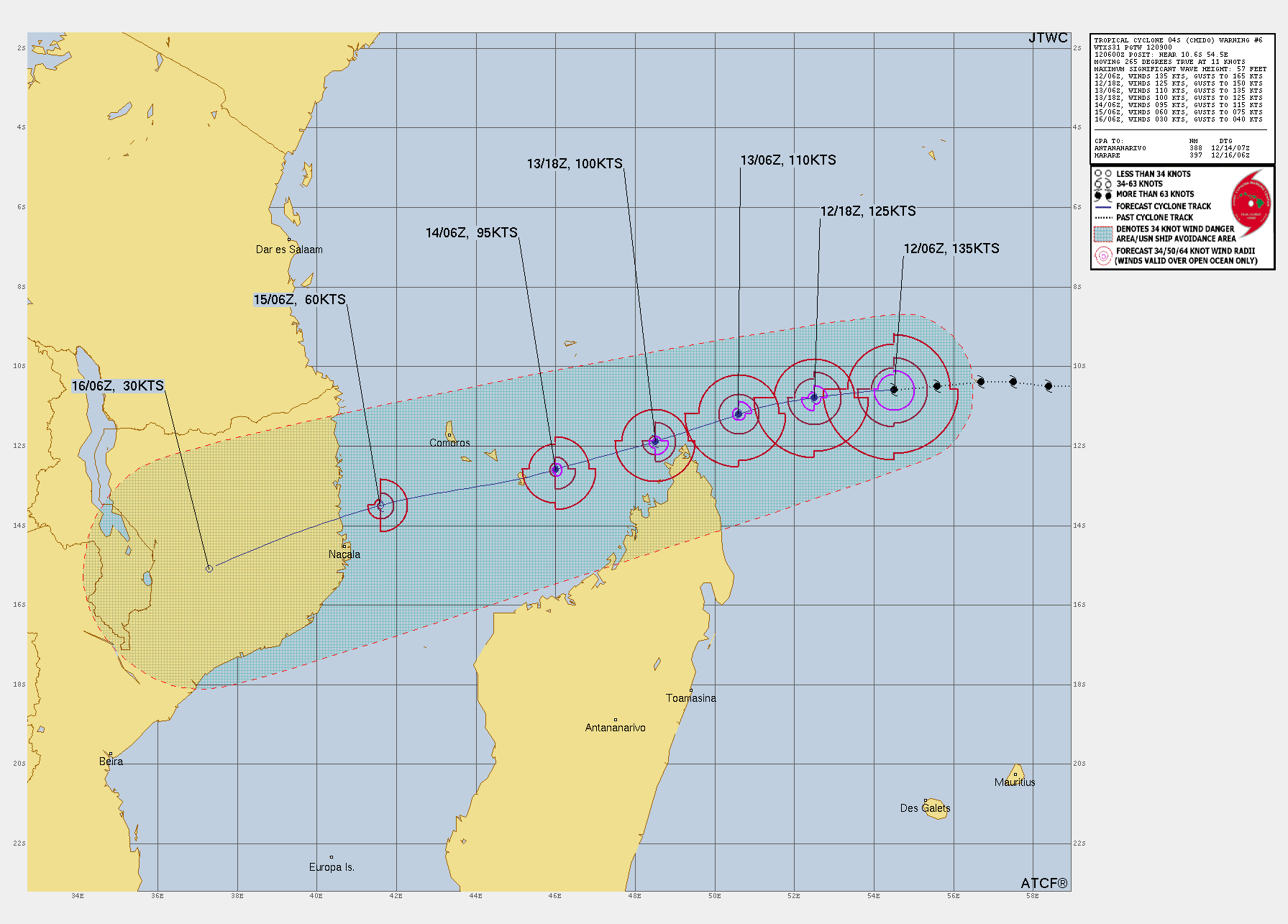 FORECAST REASONING.  SIGNIFICANT FORECAST CHANGES: CURRENT INTENSITY EXCEEDS PREVIOUSLY EXPECTED INTENSITY BY 10 KTS. THERE ARE NO OTHER SIGNIFICANT CHANGES FROM THE PREVIOUS FORECAST.  FORECAST DISCUSSION: TC 04S IS FORECASTED TO CONTINUE TRACKING GENERALLY WEST-SOUTHWESTWARD ALONG THE NORTHWESTERN PERIPHERY OF A SUBTROPICAL RIDGE LOCATED DIRECTLY TO THE SOUTH. BETWEEN TAU 24 AND TAU 36, CHIDO IS EXPECTED TO MOVE JUST NORTH OF THE NORTHERN MOST TIP OF MADAGASCAR. FOLLOWING TAU 36, THE TC WILL CONTINUE WEST-SOUTHWESTWARD, ALONG THE WESTWARD EXTENT OF THE AFOREMENTIONED RIDGE BUILDING INTO SOUTHERN MOZAMBIQUE. AFTER TAU 48, TC CHIDO WILL MOVE ANTICYCLONICALLY TOWARD THE SUBTROPICAL RIDGE AXIS, MAKING LANDFALL JUST AFTER TAU 72 AND NORTH OF NACALA, MOZAMBIQUE. BETWEEN TAU 72 AND TAU 96, TC 04S IS EXPECTED TO DISSIPATE AS THE SYSTEM MOVES INLAND. WITH REGARD TO INTENSITY, THE SYSTEM IS EXPECTED TO HAVE REACHED MAXIMUM INTENSITY OVER THE LAST FEW HOURS, WITH ITS INITIAL WEAKENING PHASE BEGINNING IMMINENTLY. WITH THAT BEING SAID, THE TC 04S IS FORECASTED TO ENCOUNTER AN INCREASE IN VWS INTO TAU 48 (20-25 KTS FROM THE EAST), ERODING THE SYSTEM TO 95 KTS DURING ITS WEST-SOUTHWESTWARD TRACK WEST OF NORTHERN MADAGASCAR. ALTHOUGH VWS WILL INITIALLY WEAKEN THE SYSTEM, TC CHIDO IS EXPECTED TO MAINTAIN A RELATIVELY HIGH INTENSITY OF 60 KTS JUST BEFORE MAKING LANDFALL AFTER TAU 72. AFTER LANDFALL, THE OVERALL INTENSITY WILL WEAKEN TO 30 KTS BY TAU 96 DUE TO INTERACTION WITH THE LOCAL TERRAIN. FORECAST REASONING.  SIGNIFICANT FORECAST CHANGES: CURRENT INTENSITY EXCEEDS PREVIOUSLY EXPECTED INTENSITY BY 10 KTS. THERE ARE NO OTHER SIGNIFICANT CHANGES FROM THE PREVIOUS FORECAST.  FORECAST DISCUSSION: TC 04S IS FORECASTED TO CONTINUE TRACKING GENERALLY WEST-SOUTHWESTWARD ALONG THE NORTHWESTERN PERIPHERY OF A SUBTROPICAL RIDGE LOCATED DIRECTLY TO THE SOUTH. BETWEEN TAU 24 AND TAU 36, CHIDO IS EXPECTED TO MOVE JUST NORTH OF THE NORTHERN MOST TIP OF MADAGASCAR. FOLLOWING TAU 36, THE TC WILL CONTINUE WEST-SOUTHWESTWARD, ALONG THE WESTWARD EXTENT OF THE AFOREMENTIONED RIDGE BUILDING INTO SOUTHERN MOZAMBIQUE. AFTER TAU 48, TC CHIDO WILL MOVE ANTICYCLONICALLY TOWARD THE SUBTROPICAL RIDGE AXIS, MAKING LANDFALL JUST AFTER TAU 72 AND NORTH OF NACALA, MOZAMBIQUE. BETWEEN TAU 72 AND TAU 96, TC 04S IS EXPECTED TO DISSIPATE AS THE SYSTEM MOVES INLAND. WITH REGARD TO INTENSITY, THE SYSTEM IS EXPECTED TO HAVE REACHED MAXIMUM INTENSITY OVER THE LAST FEW HOURS, WITH ITS INITIAL WEAKENING PHASE BEGINNING IMMINENTLY. WITH THAT BEING SAID, THE TC 04S IS FORECASTED TO ENCOUNTER AN INCREASE IN VWS INTO TAU 48 (20-25 KTS FROM THE EAST), ERODING THE SYSTEM TO 95 KTS DURING ITS WEST-SOUTHWESTWARD TRACK WEST OF NORTHERN MADAGASCAR. ALTHOUGH VWS WILL INITIALLY WEAKEN THE SYSTEM, TC CHIDO IS EXPECTED TO MAINTAIN A RELATIVELY HIGH INTENSITY OF 60 KTS JUST BEFORE MAKING LANDFALL AFTER TAU 72. AFTER LANDFALL, THE OVERALL INTENSITY WILL WEAKEN TO 30 KTS BY TAU 96 DUE TO INTERACTION WITH THE LOCAL TERRAIN.
