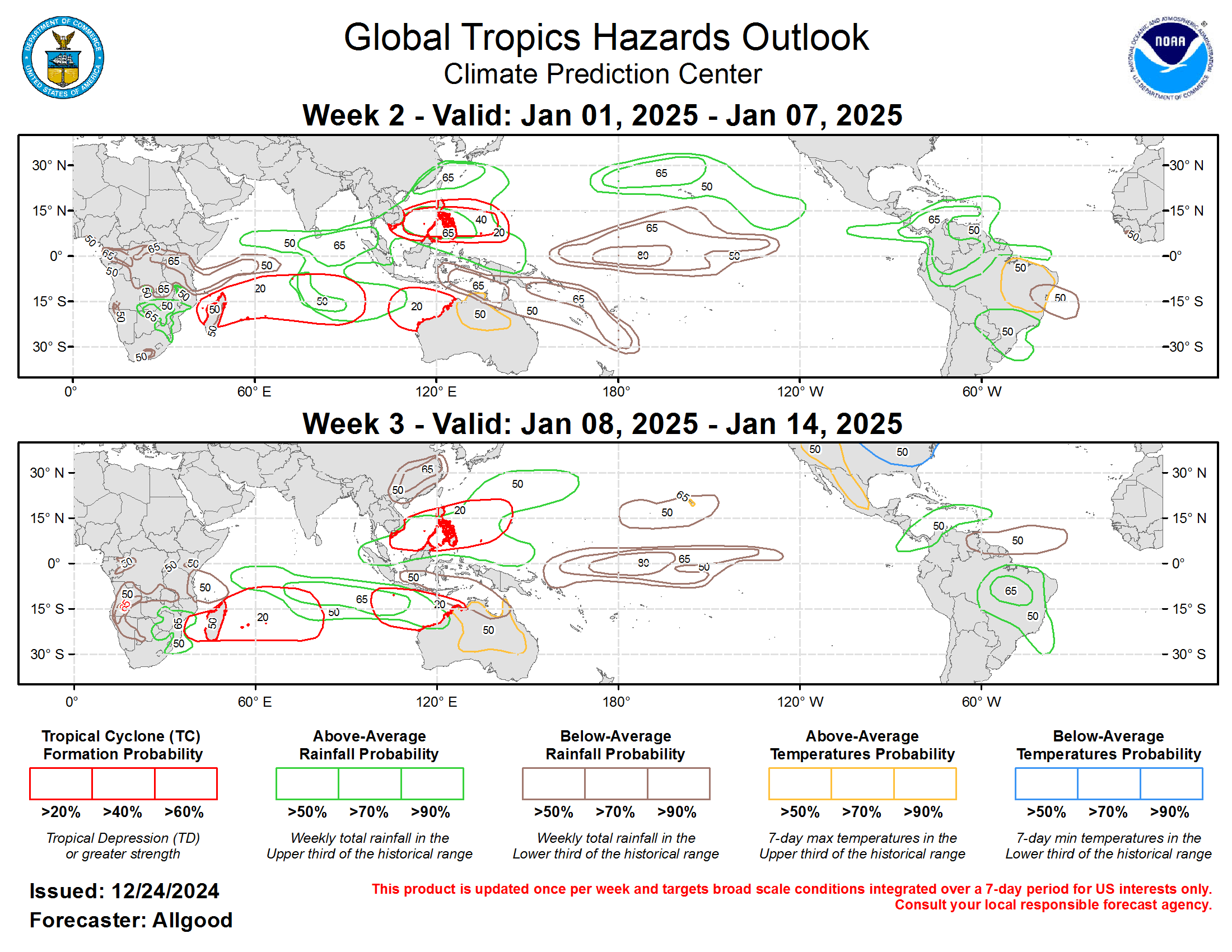 Forecasts for above- and below-average precipitation are based on an anticipated continuation of the -IOD and developing La Niña base state, and an MJO propagation across the Western Hemisphere during Week-2, and possibly the Indian Ocean during Week-3. A skill weighted consensus of dynamical model guidance was also utilized. Above-average temperatures are possible for portions of Brazil and northern Australia during Week-2, with heat persisting across Australia during Week-3. An outbreak of cold air into the central and eastern United States is favored for Week-3. For hazardous weather conditions in your area during the coming two-week period, please refer to your local NWS office, the Medium Range Hazards Forecast produced by the Weather Prediction Center, and the CPC Week-2 Hazards Outlook. Forecasts made over Africa are made in coordination with the International Desk at CPC.