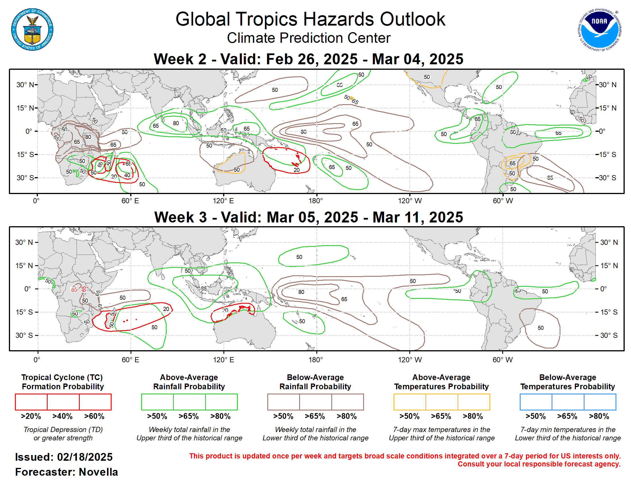 Forecasts for enhanced and suppressed precipitation are based on the continued La Nina response, historical MJO composites for phases 1-3 during Jan-Mar, anticipated TC tracks, and a skill weighted consolidation of GEFS, CFSv2, ECWMF ensemble forecast systems. Following an outbreak of Arctic air mainly east of the North American Rockies during week-1, a fairly swift moderation of temperatures are expected, with above-normal conditions favored for much of the western and central CONUS for week-2. South of the equator, above-normal temperatures are expected to accompany the dryness forecast for much of northwestern Australia, with increased chances for daytime temperatures exceeding 105 deg F during week-2. Above-normal temperatures are also favored for portions of east-central South America. Forecasts for enhanced and suppressed precipitation are based on the continued La Nina response, historical MJO composites for phases 1-3 during Jan-Mar, anticipated TC tracks, and a skill weighted consolidation of GEFS, CFSv2, ECWMF ensemble forecast systems. Following an outbreak of Arctic air mainly east of the North American Rockies during week-1, a fairly swift moderation of temperatures are expected, with above-normal conditions favored for much of the western and central CONUS for week-2. South of the equator, above-normal temperatures are expected to accompany the dryness forecast for much of northwestern Australia, with increased chances for daytime temperatures exceeding 105 deg F during week-2. Above-normal temperatures are also favored for portions of east-central South America.