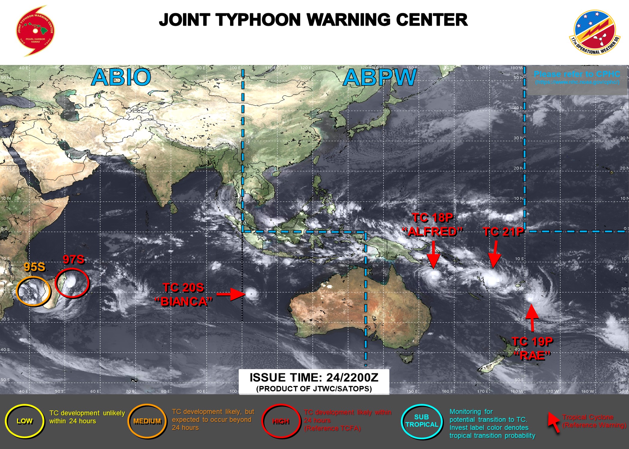 JTWC IS ISSUING 12 HOURLY WARNINGS ON 18P, 19P, 20S AND 21P. 3 HOURLY SATELLITE BULLETINS ARE ISSUED ON 97S AND 95S. JTWC IS ISSUING 12 HOURLY WARNINGS ON 18P, 19P, 20S AND 21P. 3 HOURLY SATELLITE BULLETINS ARE ISSUED ON 97S AND 95S.