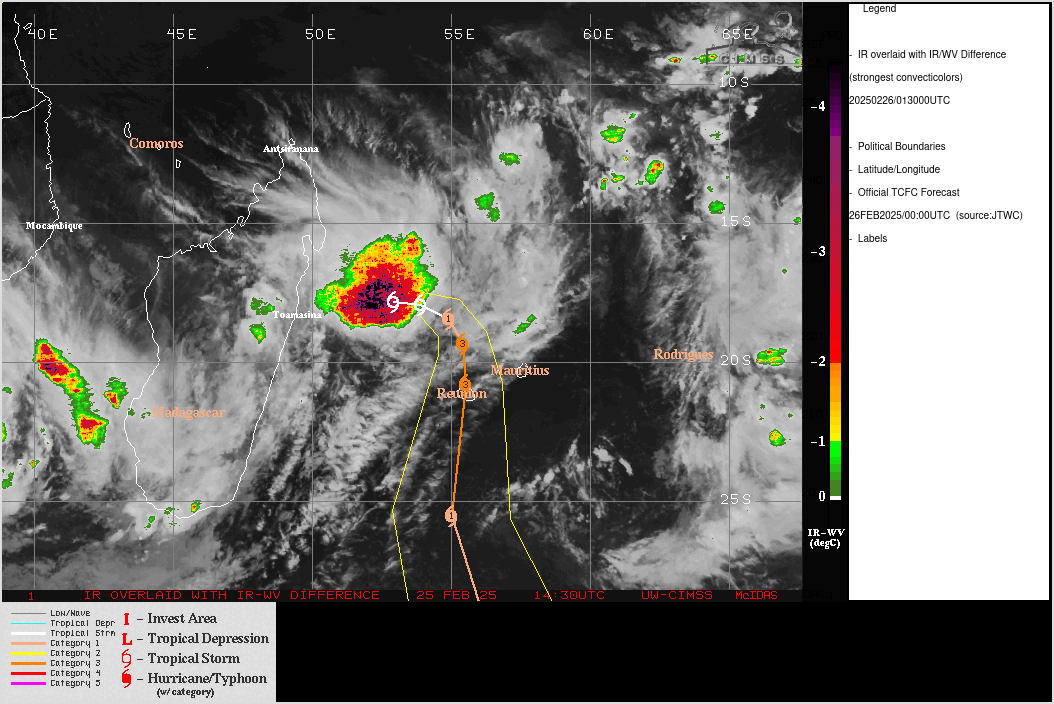 SATELLITE ANALYSIS, INITIAL POSITION AND INTENSITY DISCUSSION: ANIMATED ENHANCED INFRARED (EIR) SATELLITE IMAGERY DEPICTS A STRENGTHENING SYSTEM, WITH ATTEMPTING TO DEVELOP AN IRREGULAR CENTRAL DENSE OVERCAST (CDO), BUT CURRENTLY STRUGGLING AGAINST PERSISTENT MODERATE SOUTHERLY SHEAR. THE CONVECTION IS RATHER DISORGANIZED WITH MULTIPLE DISJOINTED AREAS OF DEEP CONVECTIVE ACTIVITY. BASED ON A 252343Z SSMIS COLOR-ENHANCED 91GHZ MICROWAVE IMAGE, THE PRIMARY FOCUS OF THE VORTEX DEVELOPMENT APPEARS TO BE IN THE SOUTHWESTERN AREA OF CONVECTION. THE INITIAL POSITION IS ASSESSED WITH HIGH CONFIDENCE IN THIS REGION OF CONVECTION, BASED ON THE MICROWAVE IMAGE NOTED ABOVE. THE INITIAL INTENSITY IS ASSESSED WITH MEDIUM CONFIDENCE, HEDGED SLIGHTLY ABOVE THE AGENCY DVORAK CURRENT INTENSITY ESTIMATES IN LIGHT OF THE HIGHER SATCON AND ADT ESTIMATES. THE ENVIRONMENT IS FAVORABLE AND IMPROVING, WITH VERY WARMS SSTS, GOOD EQUATORWARD OUTFLOW AND PLENTY OF MOISTURE, OFFSET FOR THE MOMENT BY THE PERSISTENT MODERATE SOUTHERLY SHEAR. SATELLITE ANALYSIS, INITIAL POSITION AND INTENSITY DISCUSSION: ANIMATED ENHANCED INFRARED (EIR) SATELLITE IMAGERY DEPICTS A STRENGTHENING SYSTEM, WITH ATTEMPTING TO DEVELOP AN IRREGULAR CENTRAL DENSE OVERCAST (CDO), BUT CURRENTLY STRUGGLING AGAINST PERSISTENT MODERATE SOUTHERLY SHEAR. THE CONVECTION IS RATHER DISORGANIZED WITH MULTIPLE DISJOINTED AREAS OF DEEP CONVECTIVE ACTIVITY. BASED ON A 252343Z SSMIS COLOR-ENHANCED 91GHZ MICROWAVE IMAGE, THE PRIMARY FOCUS OF THE VORTEX DEVELOPMENT APPEARS TO BE IN THE SOUTHWESTERN AREA OF CONVECTION. THE INITIAL POSITION IS ASSESSED WITH HIGH CONFIDENCE IN THIS REGION OF CONVECTION, BASED ON THE MICROWAVE IMAGE NOTED ABOVE. THE INITIAL INTENSITY IS ASSESSED WITH MEDIUM CONFIDENCE, HEDGED SLIGHTLY ABOVE THE AGENCY DVORAK CURRENT INTENSITY ESTIMATES IN LIGHT OF THE HIGHER SATCON AND ADT ESTIMATES. THE ENVIRONMENT IS FAVORABLE AND IMPROVING, WITH VERY WARMS SSTS, GOOD EQUATORWARD OUTFLOW AND PLENTY OF MOISTURE, OFFSET FOR THE MOMENT BY THE PERSISTENT MODERATE SOUTHERLY SHEAR.